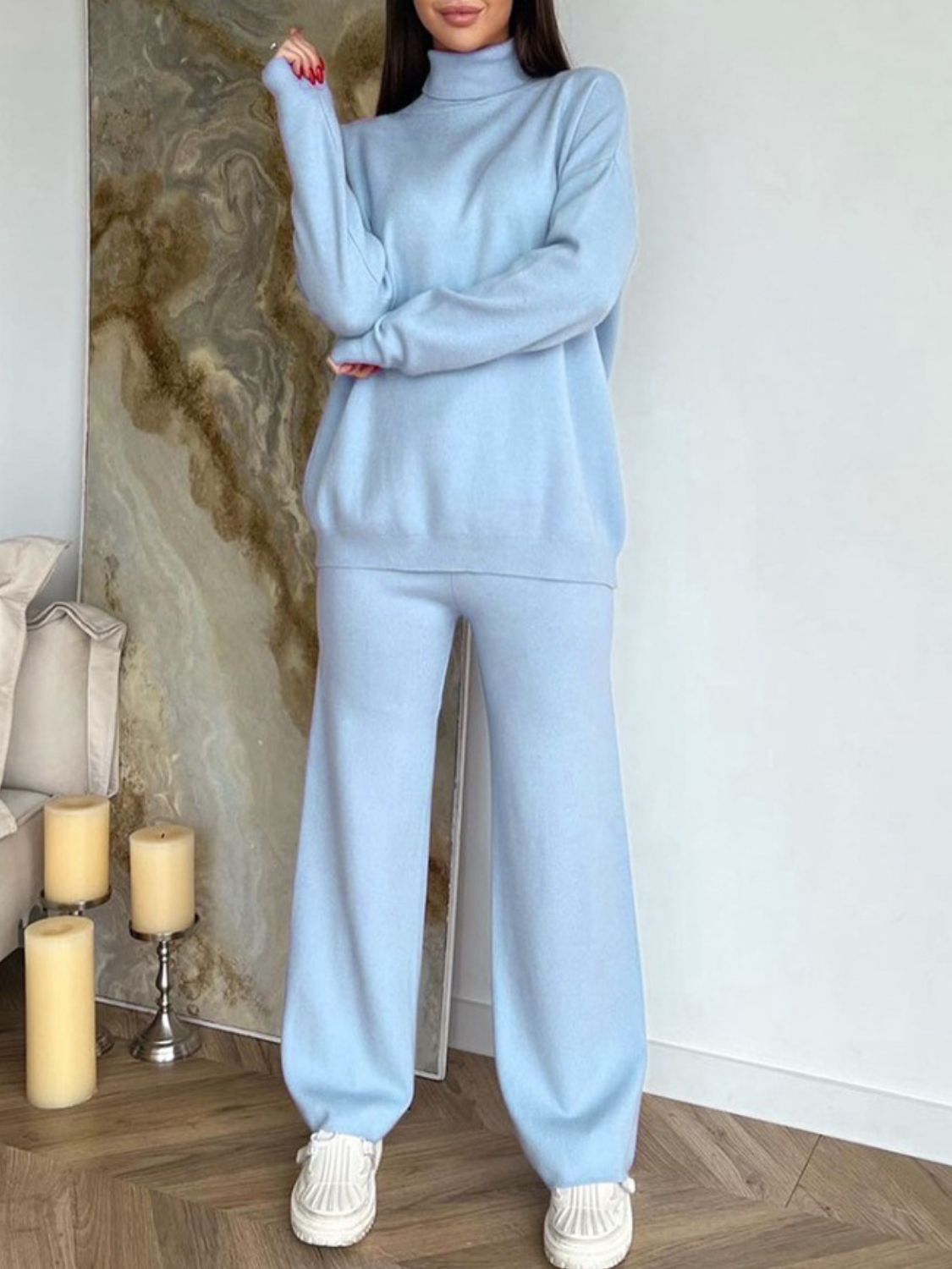 Turtleneck Long Sleeve Top and Drawstring Pants Sweater Set-TOPS / DRESSES-[Adult]-[Female]-Light Blue-One Size-2022 Online Blue Zone Planet