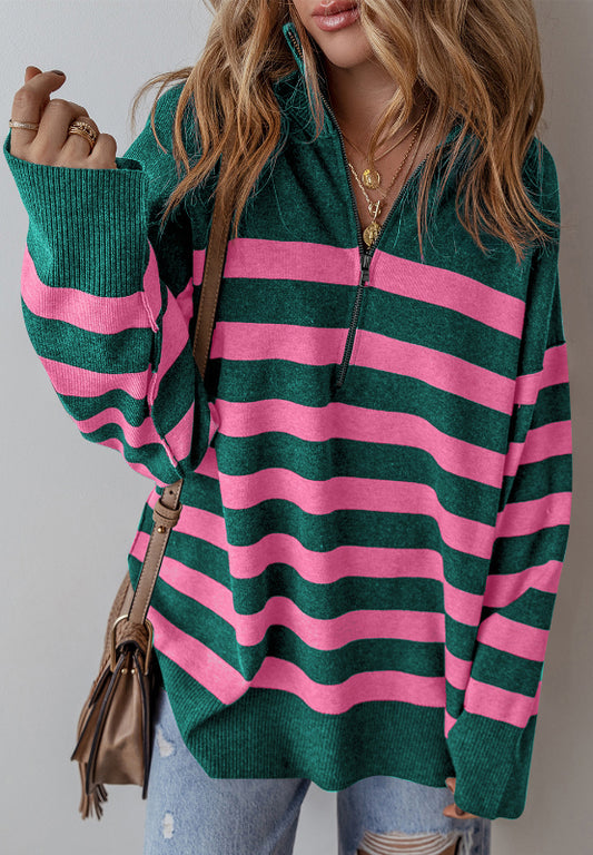 Blue Zone Planet |  Contrast Striped Quarter Zip Long Sleeve Sweater