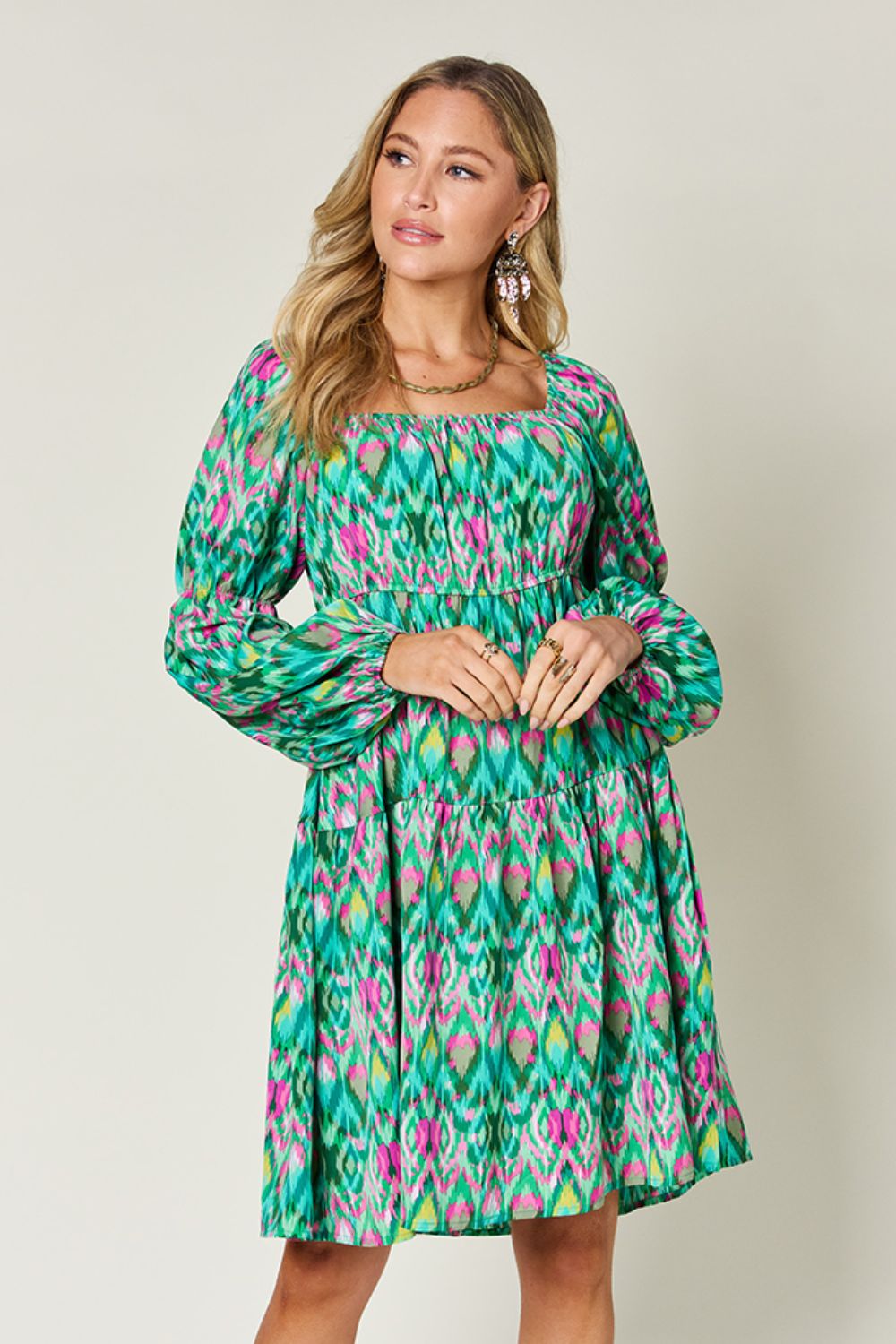 Double Take Full Size Printed Long Sleeve Dress-TOPS / DRESSES-[Adult]-[Female]-Green-S-2022 Online Blue Zone Planet