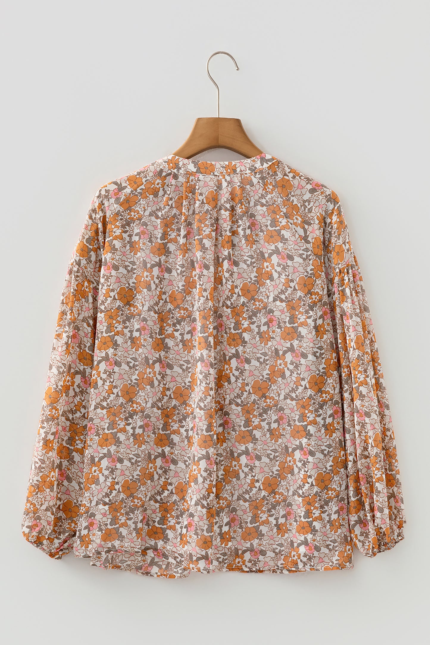 Orange Bohemian Floral Puff Sleeve Full Button Shirt-Tops/Blouses & Shirts-[Adult]-[Female]-2022 Online Blue Zone Planet