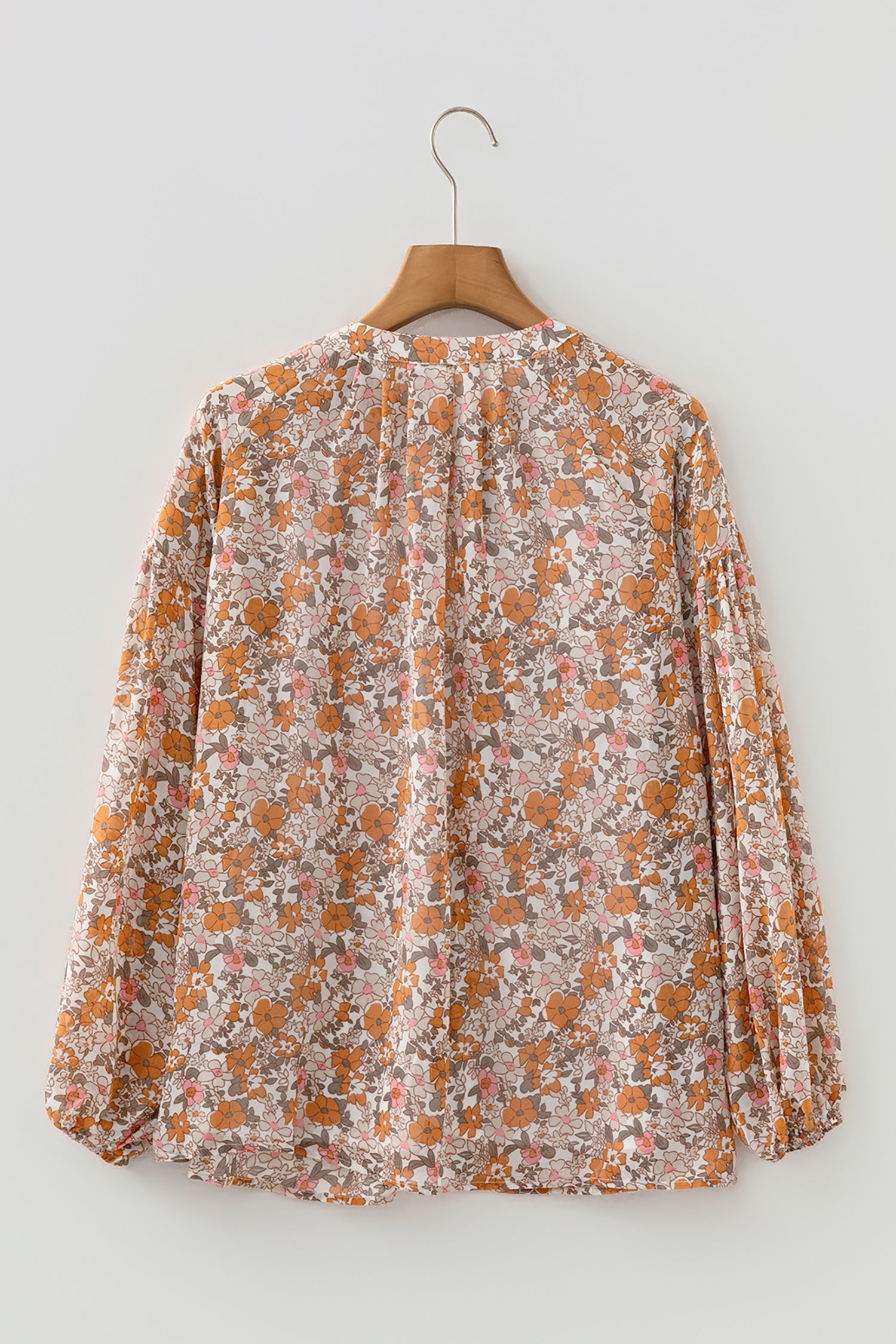 Orange Bohemian Floral Puff Sleeve Full Button Shirt-Tops/Blouses & Shirts-[Adult]-[Female]-2022 Online Blue Zone Planet