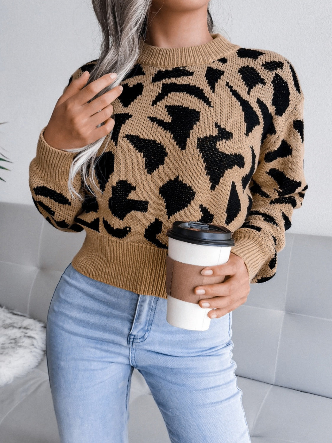 Blue Zone Planet | Leopard Round Neck Dropped Shoulder Sweater-TOPS / DRESSES-[Adult]-[Female]-2022 Online Blue Zone Planet