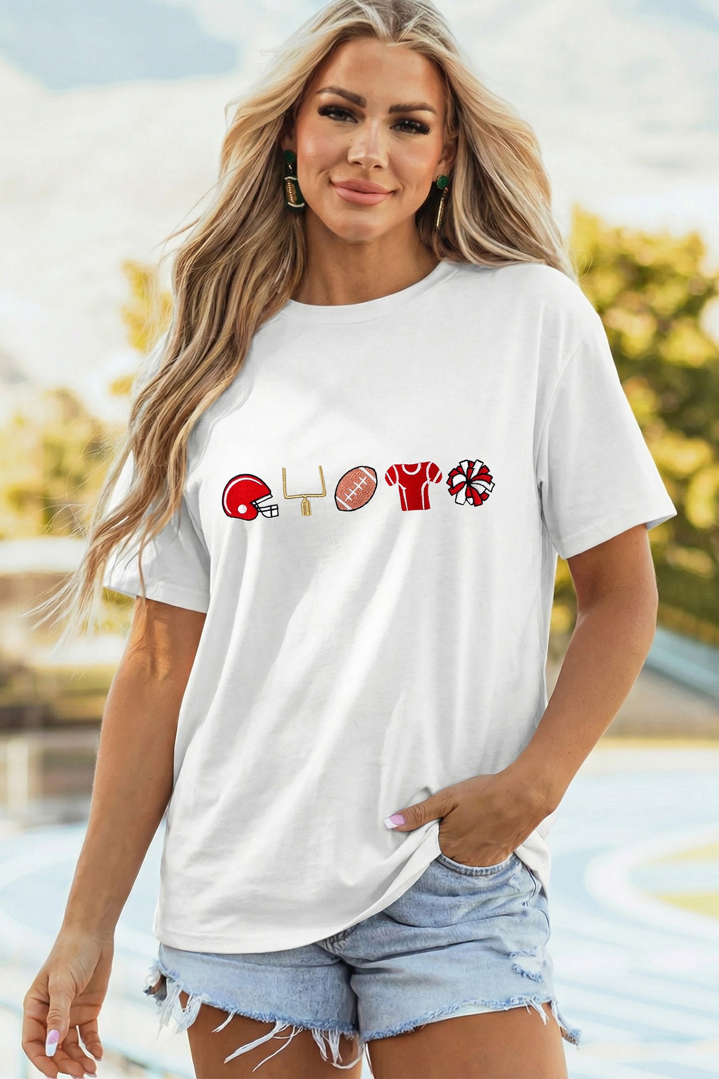 White Embroidered Game Day Theme Football Graphic Tee
