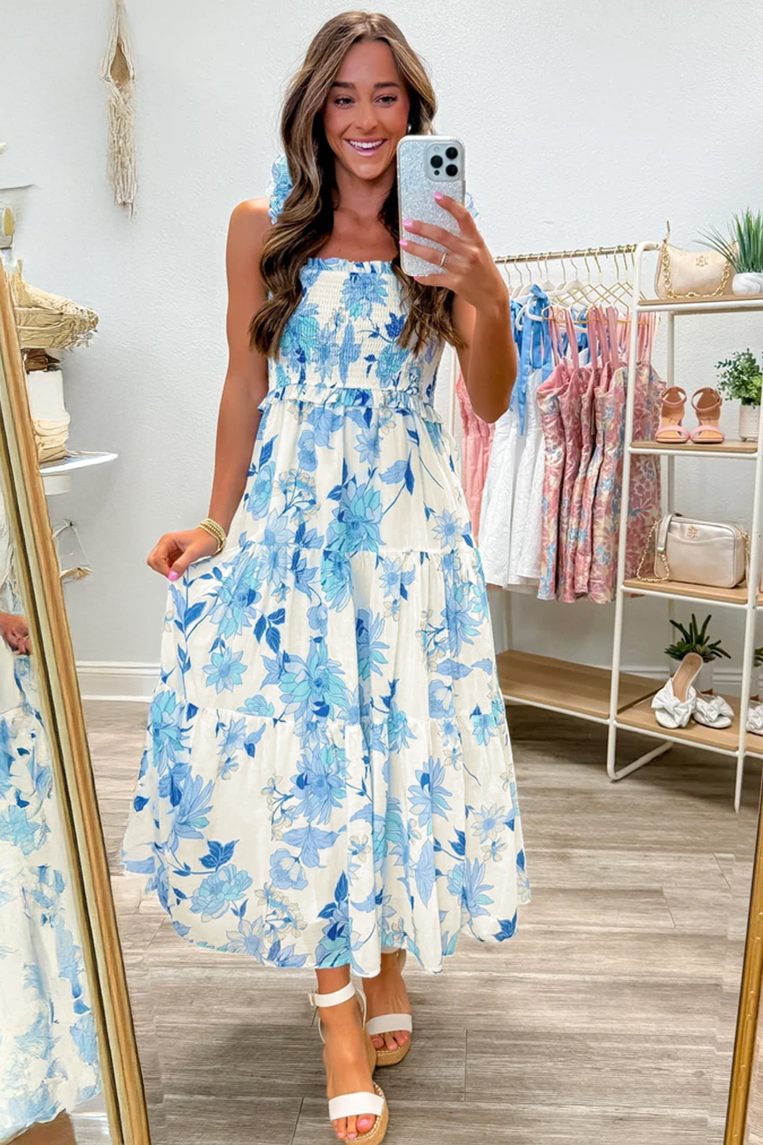 Sky Blue Ruffled Straps Smocked High Waist Floral Maxi Dress-Dresses/Floral Dresses-[Adult]-[Female]-2022 Online Blue Zone Planet
