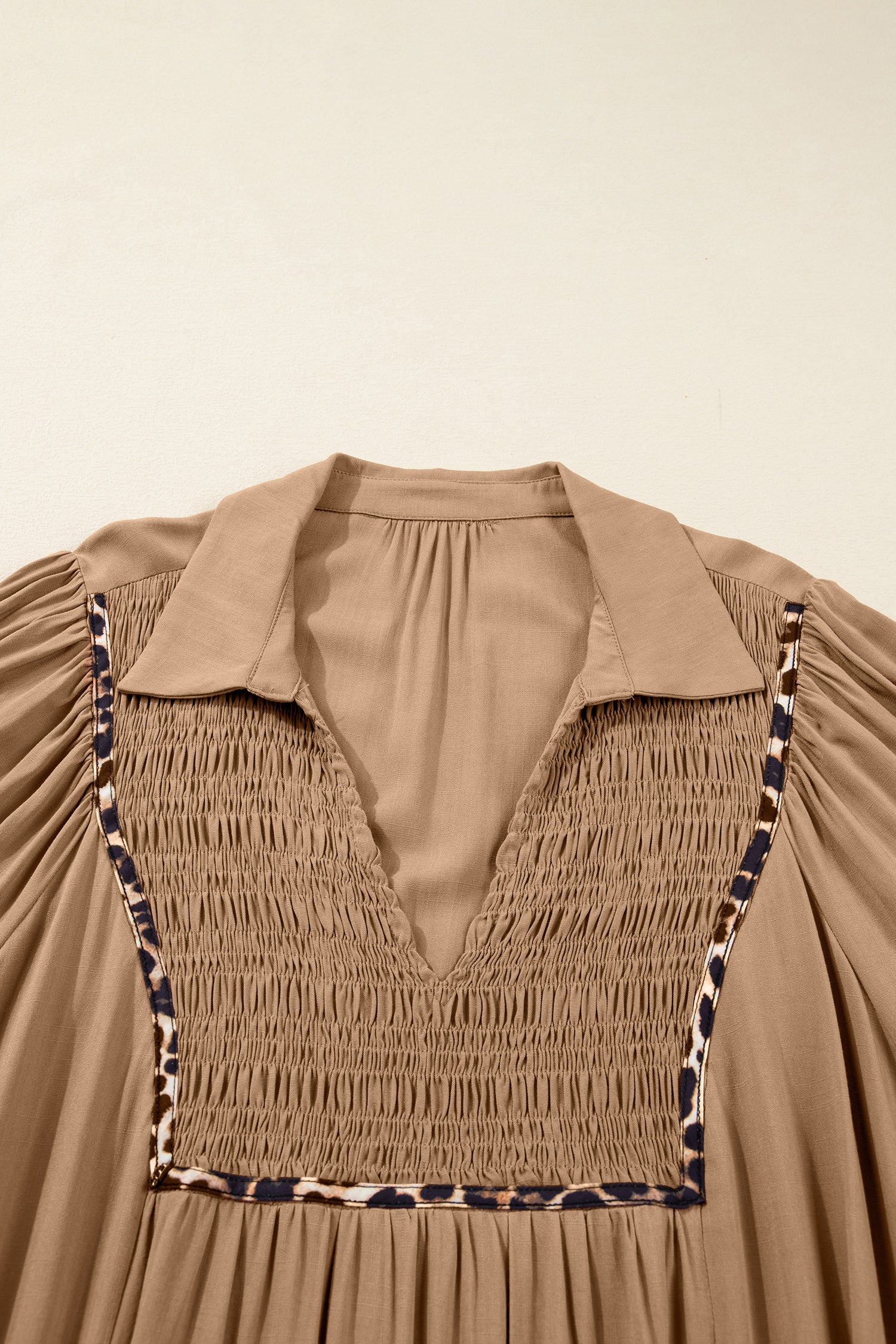 Chestnut Smocked V Neckline Leopard Piping Accent Bracelet Plus Size Long Dress-TOPS / DRESSES-[Adult]-[Female]-2022 Online Blue Zone Planet