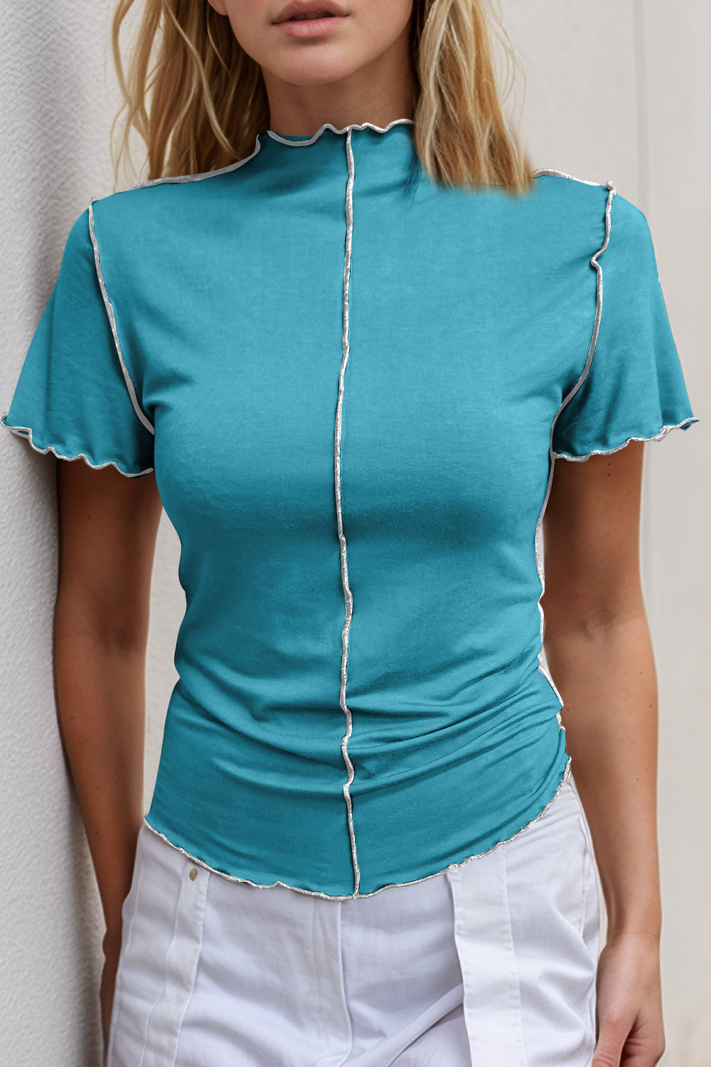 Basic Bae Contrast Trim Mock Neck Short Sleeve T-Shirt-TOPS / DRESSES-[Adult]-[Female]-Pastel Blue-S-2022 Online Blue Zone Planet