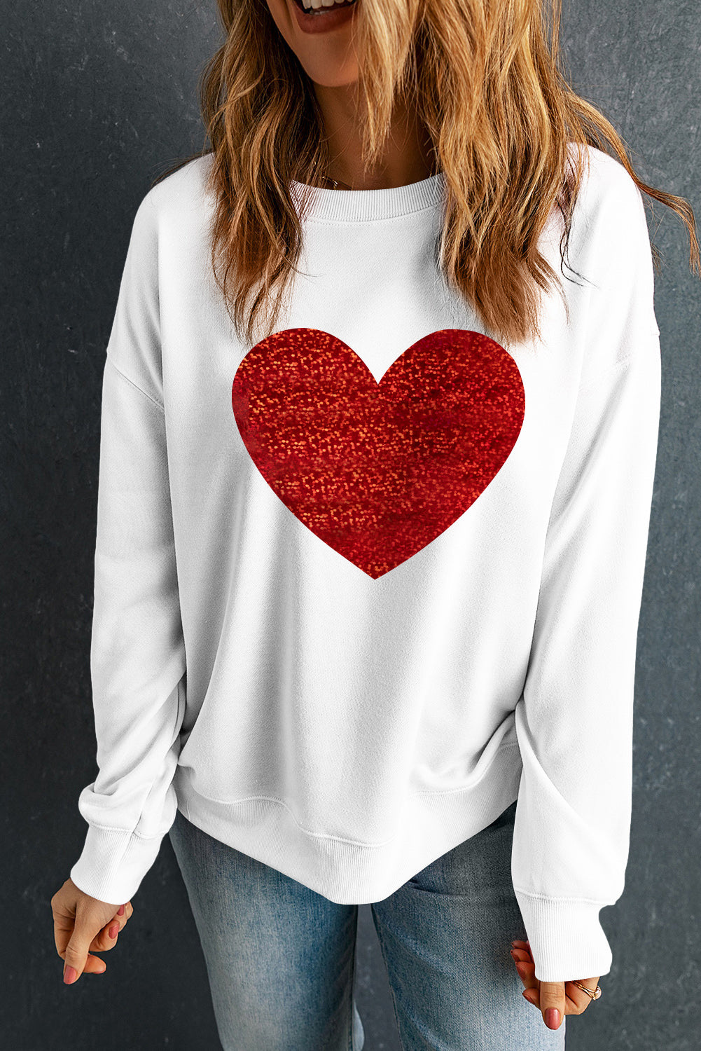 Beige Glitter Valentine Heart Graphic Sweatshirt-Graphic Sweatshirts-[Adult]-[Female]-2022 Online Blue Zone Planet