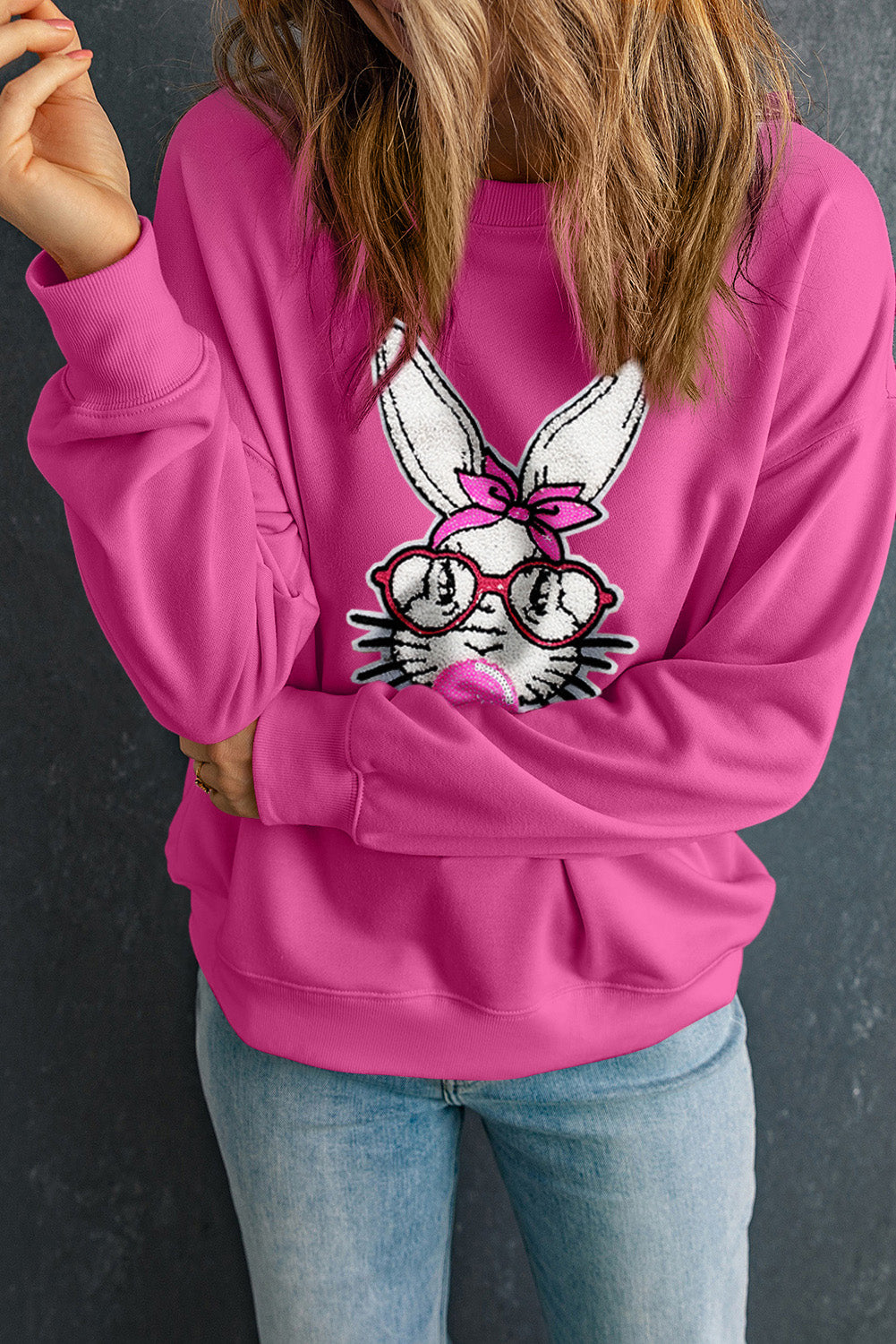 Bonbon Bubble Gum Rabbit Sequin Graphic Drop Shoulder Sweatshirt-Graphic Sweatshirts-[Adult]-[Female]-2022 Online Blue Zone Planet