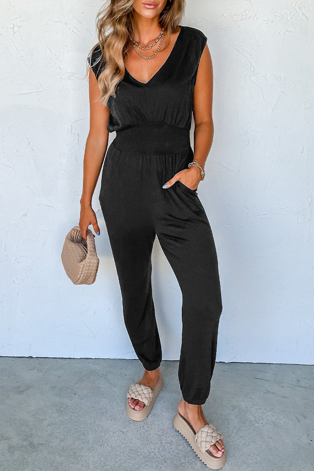 Black Shirred High Waist Sleeveless V Neck Jumpsuit-Bottoms/Jumpsuits & Rompers-[Adult]-[Female]-Black-S-2022 Online Blue Zone Planet