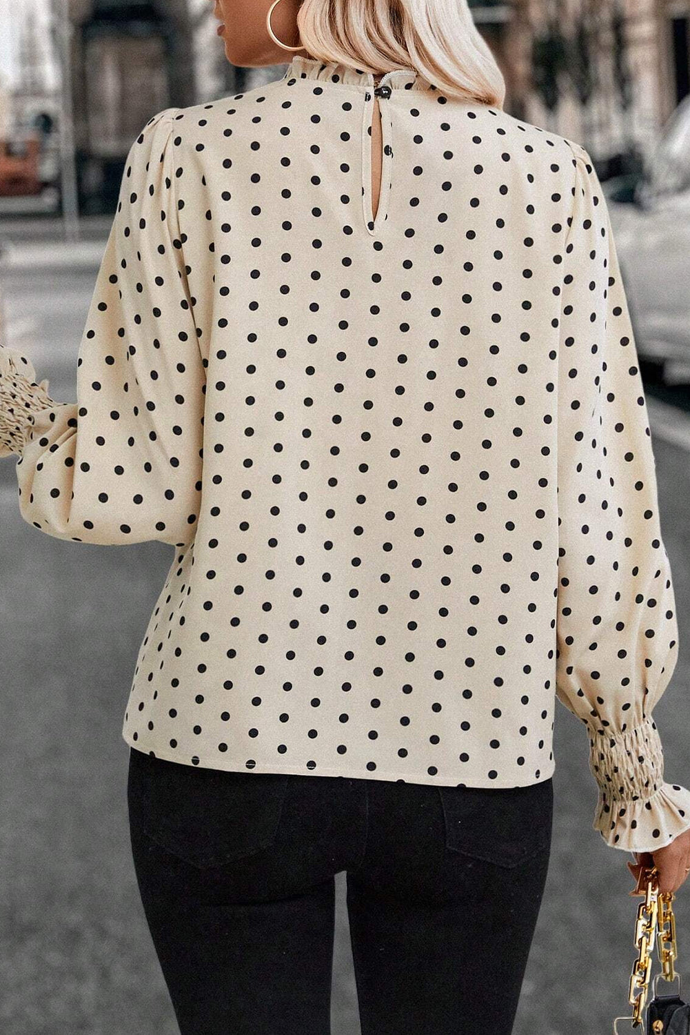 Apricot Polka Dot Print Frill Neck Smocked Lantern Sleeve Blouse-Blouses-[Adult]-[Female]-2022 Online Blue Zone Planet