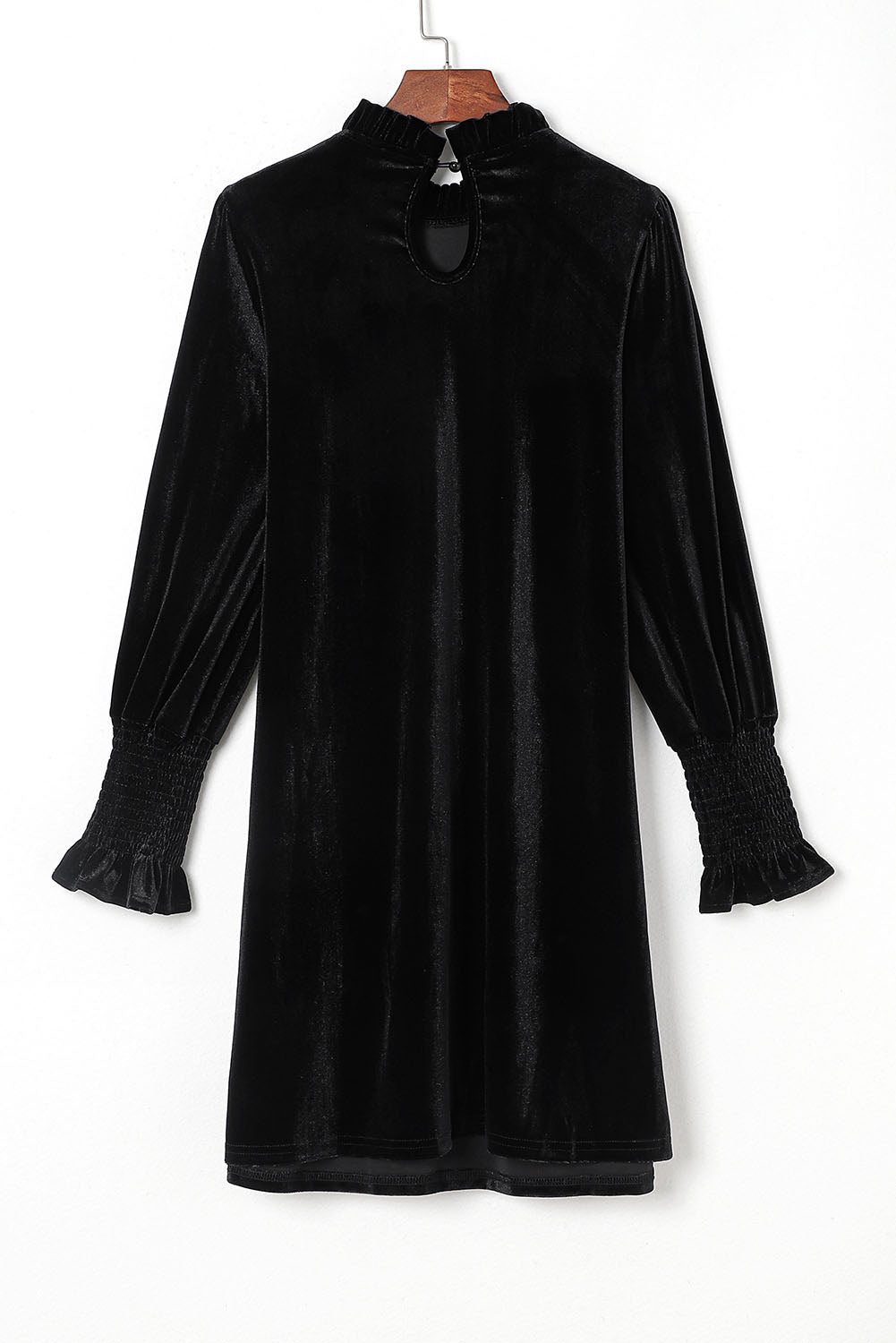 Blue Zone Planet | Black Velvet Frill Neck Long Sleeve Shift Dress-TOPS / DRESSES-[Adult]-[Female]-2022 Online Blue Zone Planet