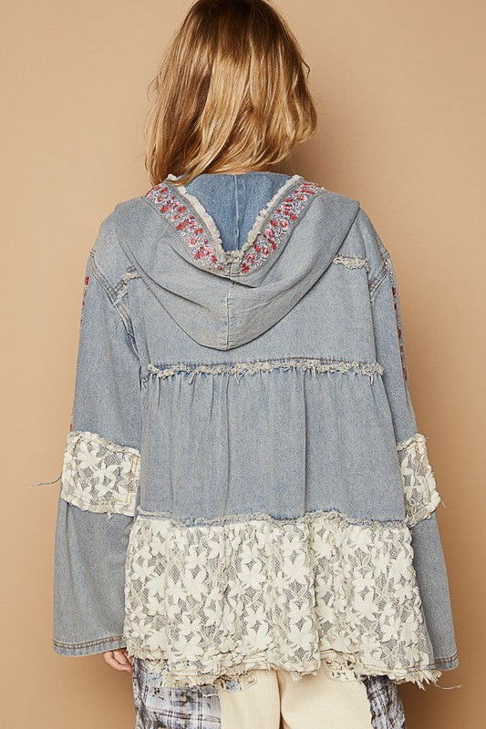 POL Embroidered Lace Patch Zip Up Hooded Jacket-TOPS / DRESSES-[Adult]-[Female]-2022 Online Blue Zone Planet