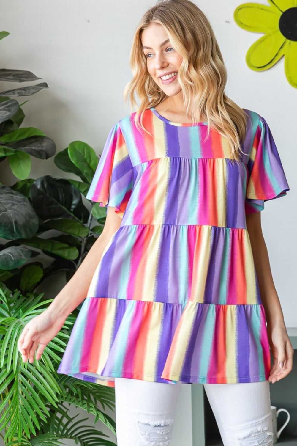 Blue Zone Planet | Heimish Full Size Short Sleeve Striped Tiered Top-TOPS / DRESSES-[Adult]-[Female]-2022 Online Blue Zone Planet