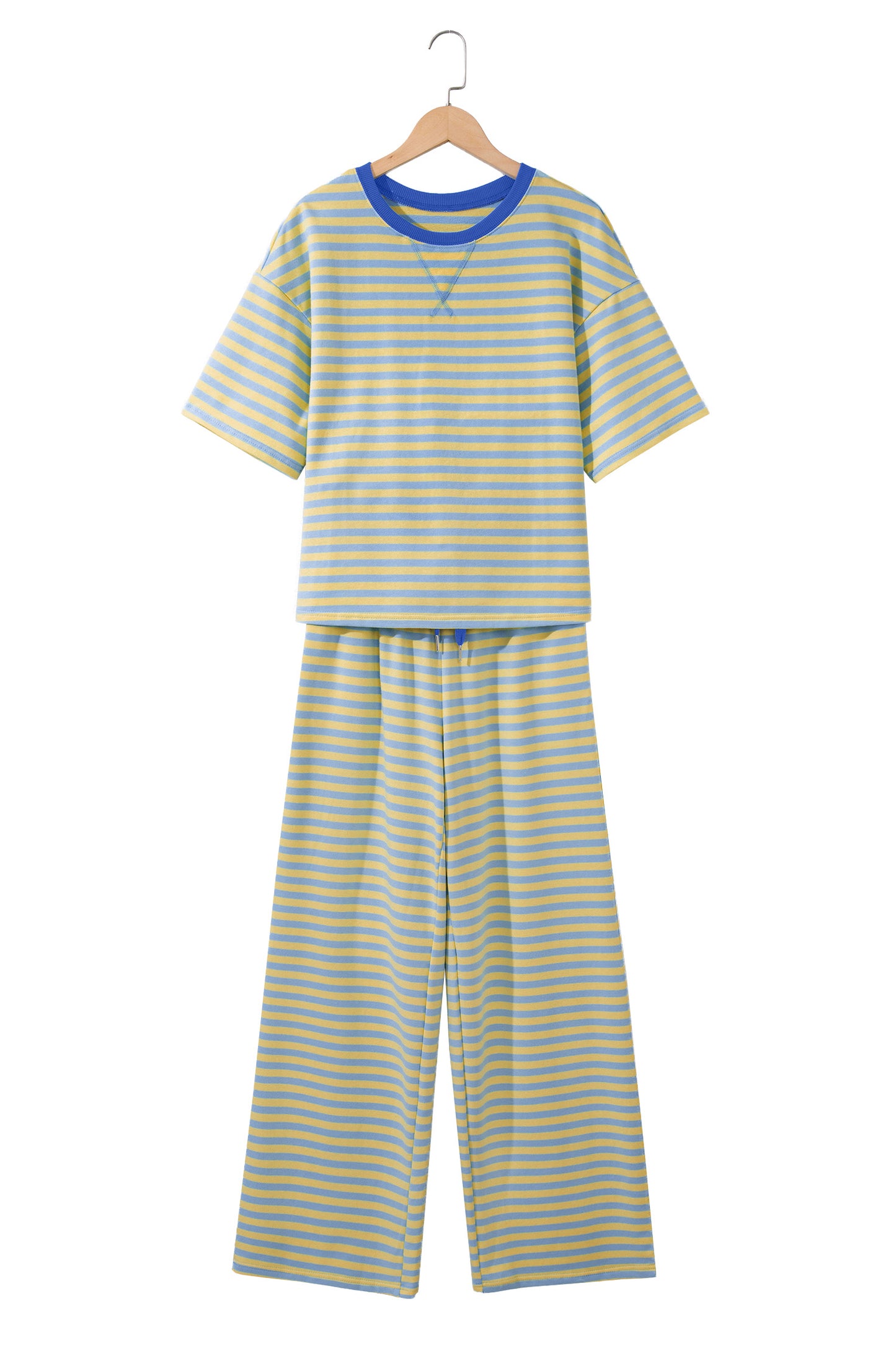 Pink Stripe Colorblock Trim Crew Neck Loose Tee Drawstring Elastic Waist 2pcs Pant Set-Two Piece Sets/Pant Sets-[Adult]-[Female]-2022 Online Blue Zone Planet