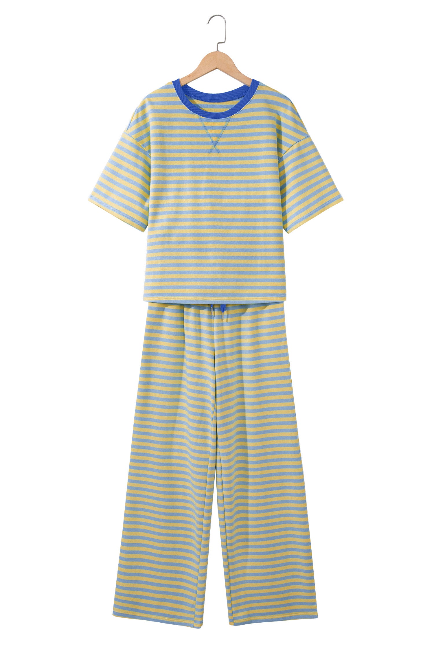 Pink Stripe Colorblock Trim Crew Neck Loose Tee Drawstring Elastic Waist 2pcs Pant Set-Two Piece Sets/Pant Sets-[Adult]-[Female]-2022 Online Blue Zone Planet