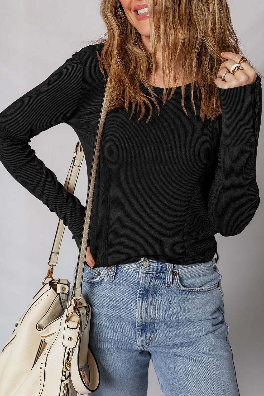 Black Exposed Seam Ribbed Long Sleeve Top-Tops/Long Sleeve Tops-[Adult]-[Female]-2022 Online Blue Zone Planet