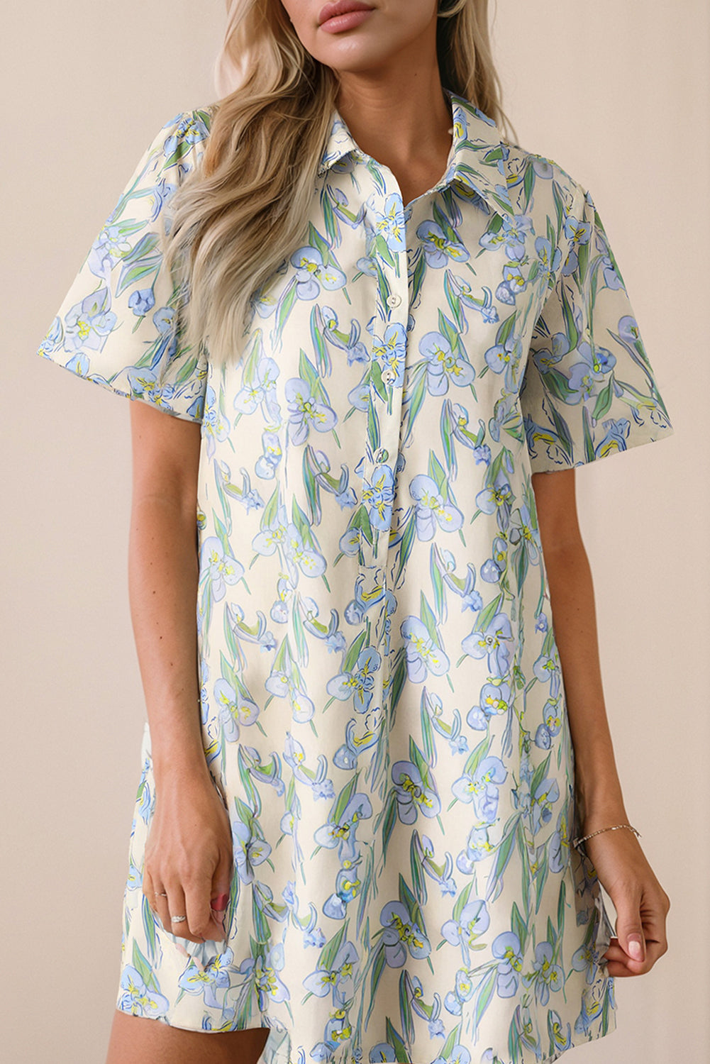 Green Floral Print Shirtcollar Buttoned Short Sleeve Shift Dress-Dresses/Floral Dresses-[Adult]-[Female]-Green-S-2022 Online Blue Zone Planet