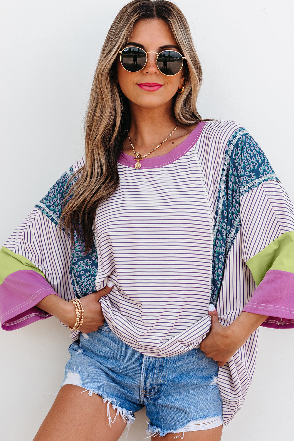 Purple Stripe Floral Color Block Raw Edge Patchwork Bracelet Sleeve Blouse-Bracelet-[Adult]-[Female]-2022 Online Blue Zone Planet