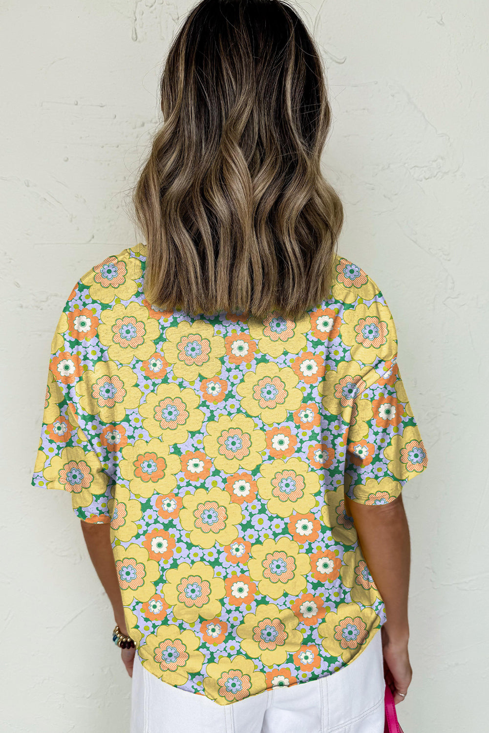 Yellow Summer Flower Printed Drop Shoulder Loose T Shirt-Tops/Tops & Tees-[Adult]-[Female]-2022 Online Blue Zone Planet
