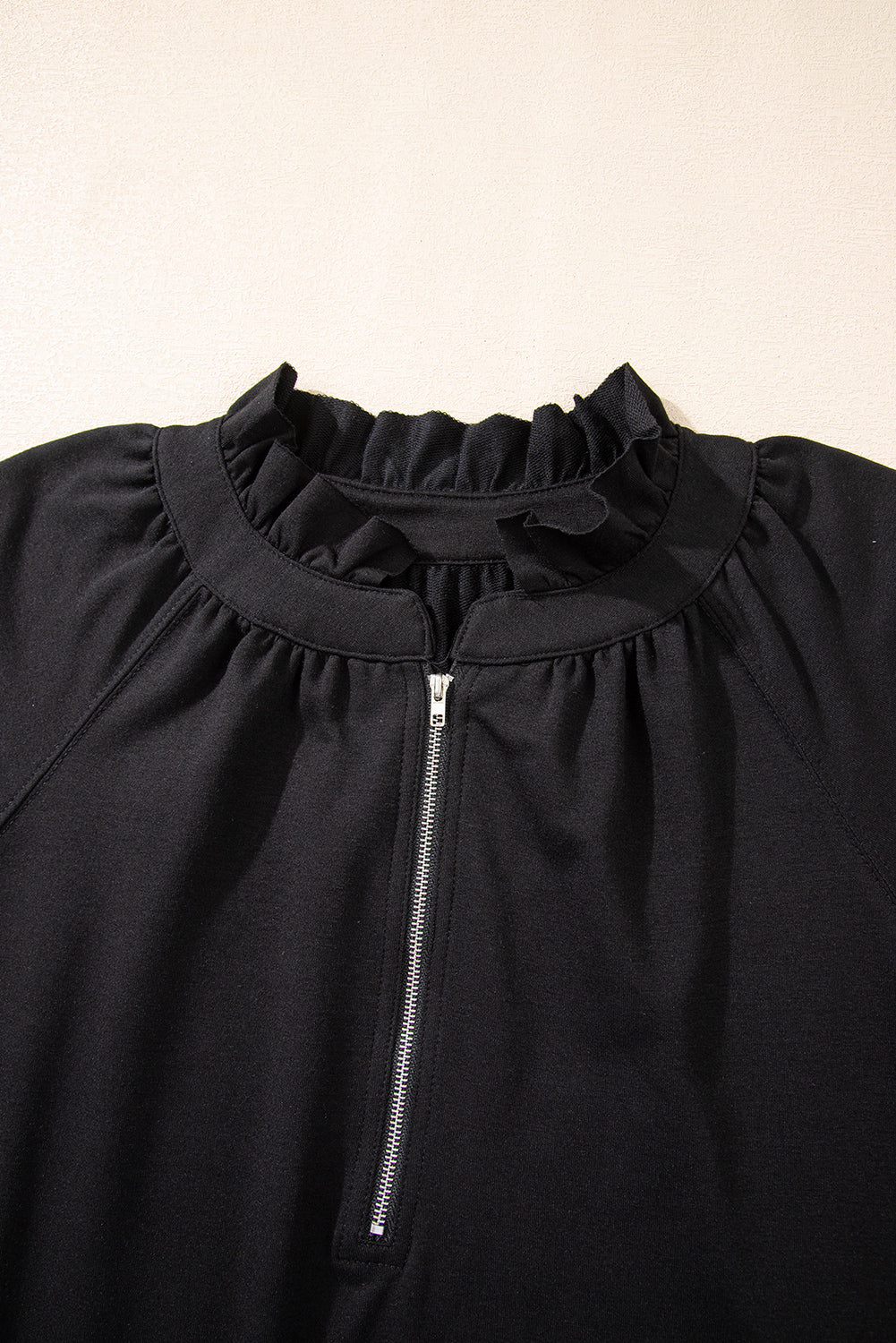 Black Half Zip Puff Sleeve Top and Ruffled Shorts Set-Two Piece Sets/Short Sets-[Adult]-[Female]-2022 Online Blue Zone Planet