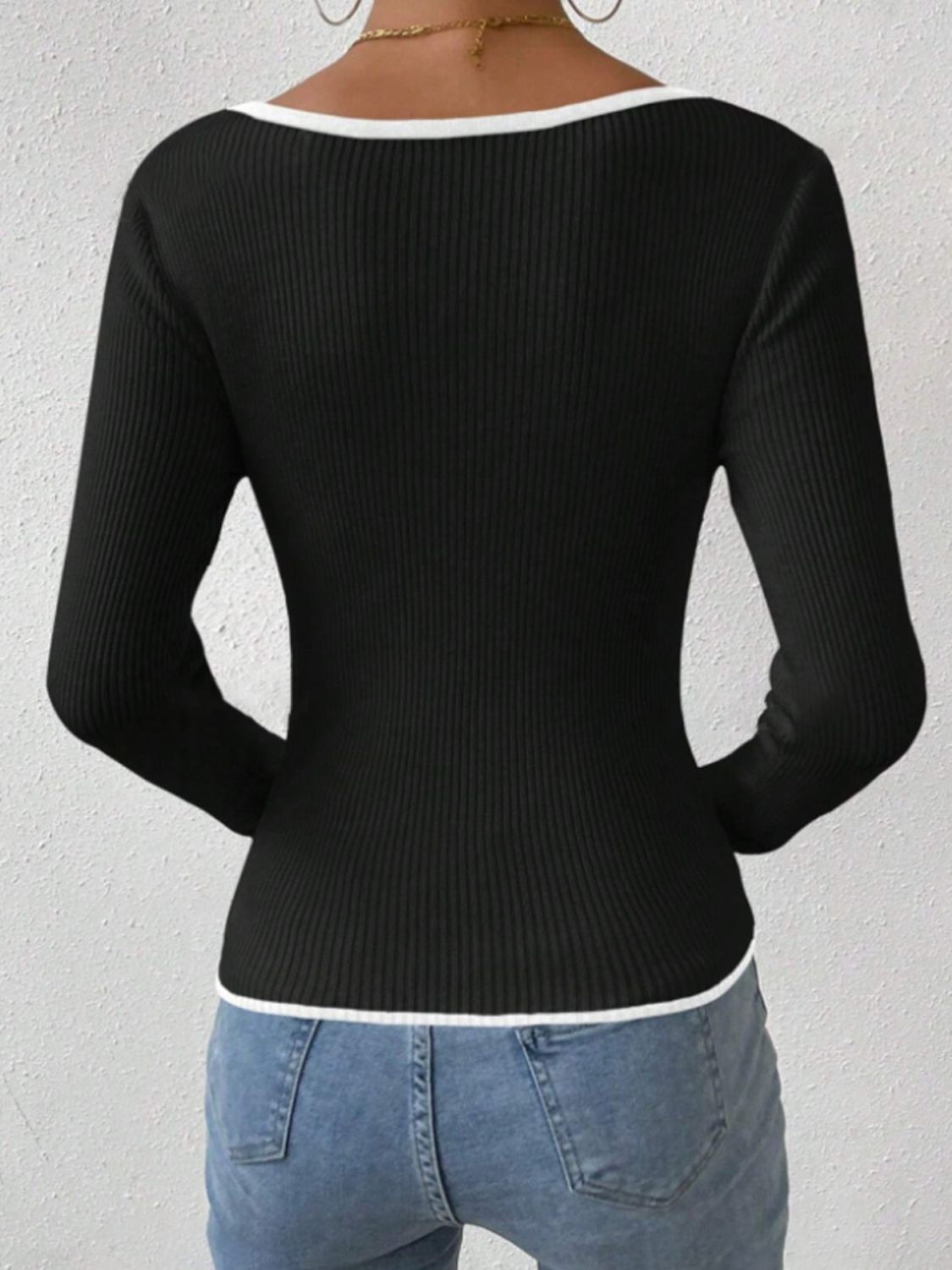 Contrast Trim Long Sleeve Knit Top-TOPS / DRESSES-[Adult]-[Female]-2022 Online Blue Zone Planet