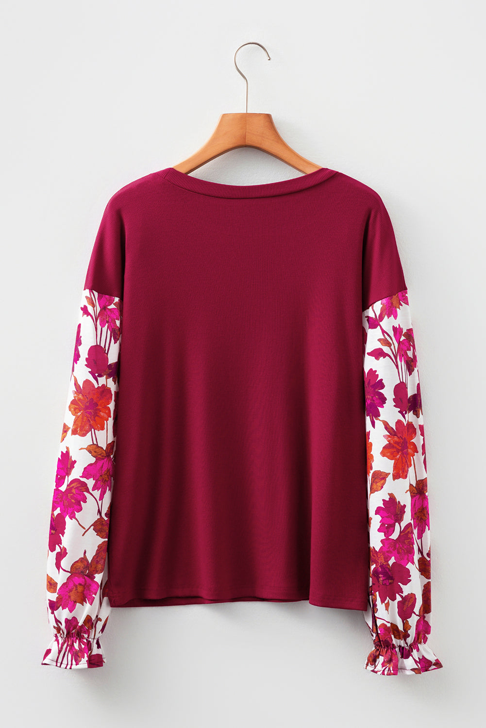 Wild Ginger Contrast Floral Sleeve Solid Ribbed Body Patchwork Long Sleeve Top-Tops/Long Sleeve Tops-[Adult]-[Female]-2022 Online Blue Zone Planet