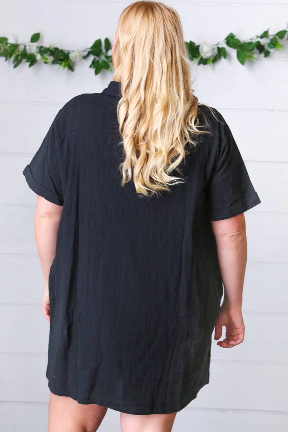 Black Plus Size Shirt Collar Buttoned Short Sleeve Shift Dress-TOPS / DRESSES-[Adult]-[Female]-2022 Online Blue Zone Planet