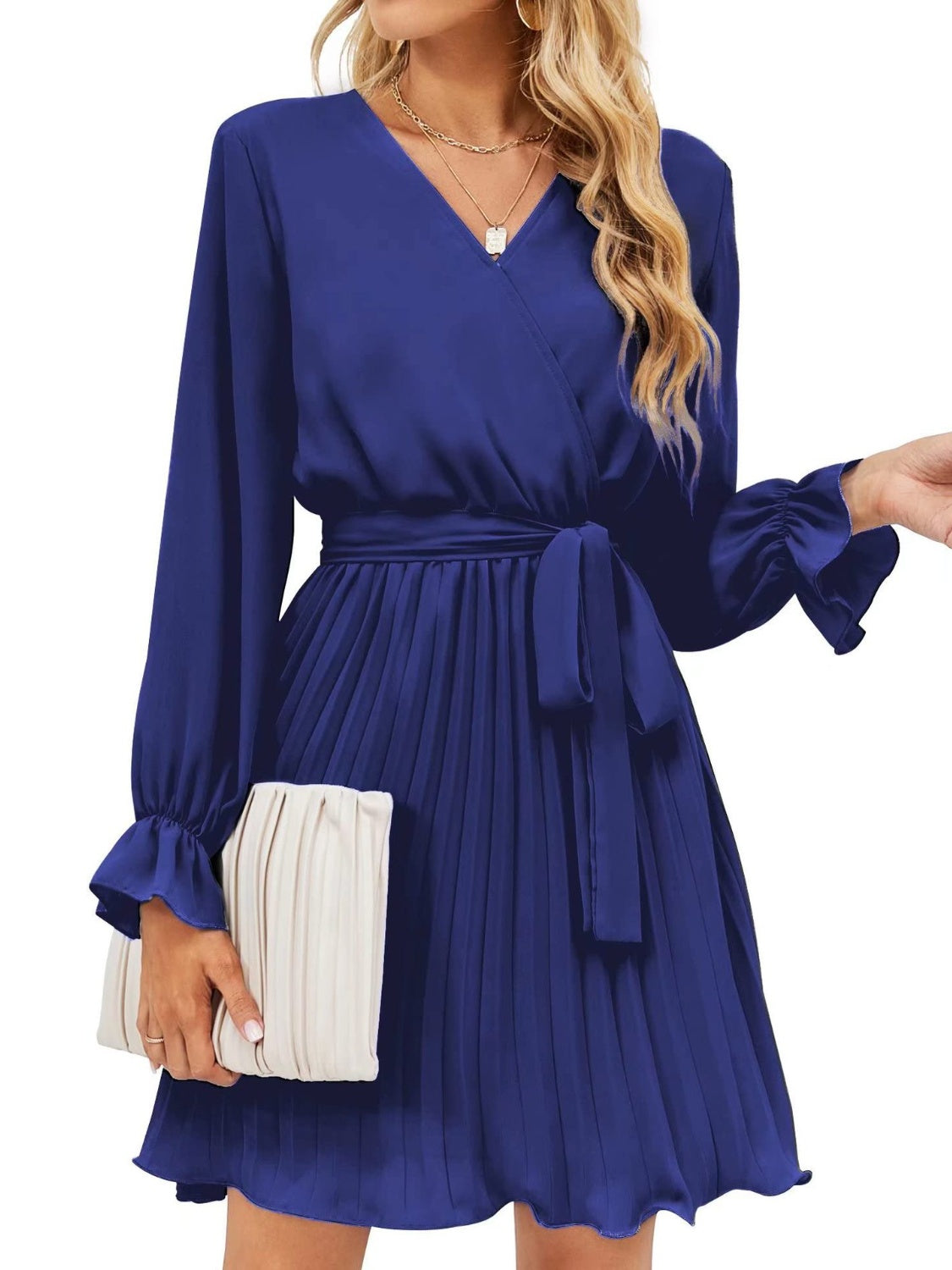 Surplice Flounce Sleeve Pleated Mini Dress-TOPS / DRESSES-[Adult]-[Female]-2022 Online Blue Zone Planet