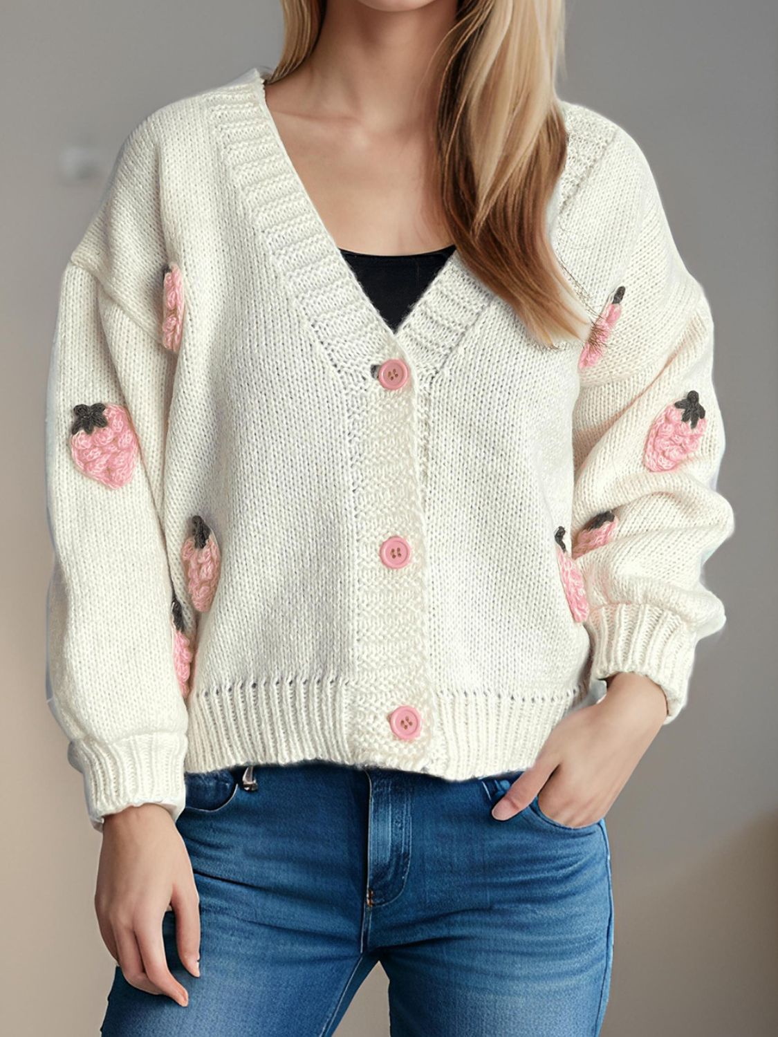 Crochet Strawberry V-Neck Long Sleeve Cardigan-NEW ARRIVALS-[Adult]-[Female]-Blush Pink-One Size-2022 Online Blue Zone Planet