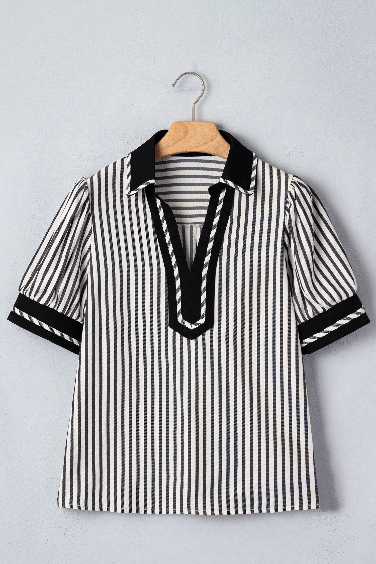 Black Stripe Collared Split Neck Short Bubble Sleeve Blouse-Tops/Blouses & Shirts-[Adult]-[Female]-2022 Online Blue Zone Planet