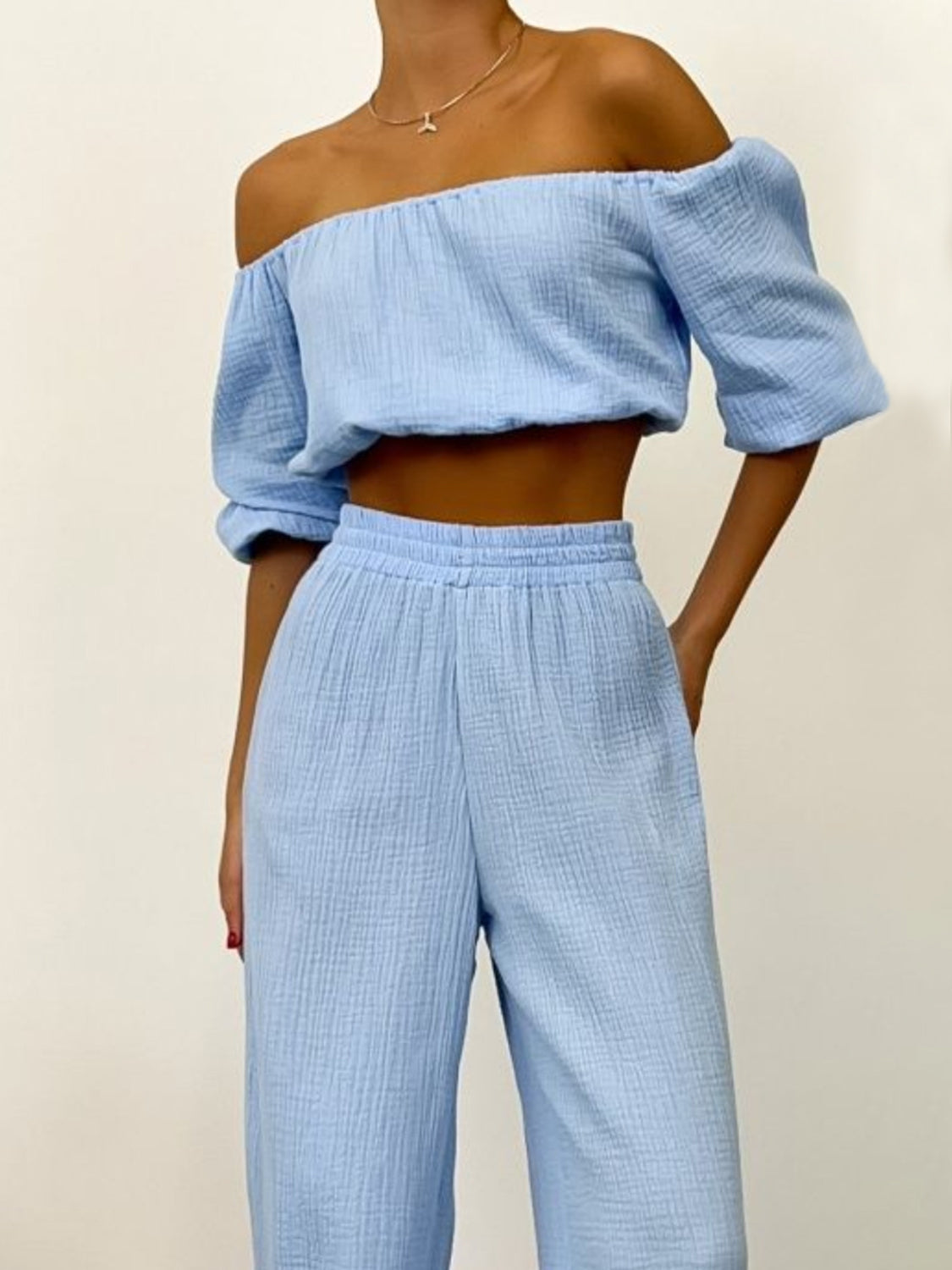 Blue Zone Planet | Off Shoulder Long Sleeve Top and Pants Set-TOPS / DRESSES-[Adult]-[Female]-Light Blue-S-2022 Online Blue Zone Planet