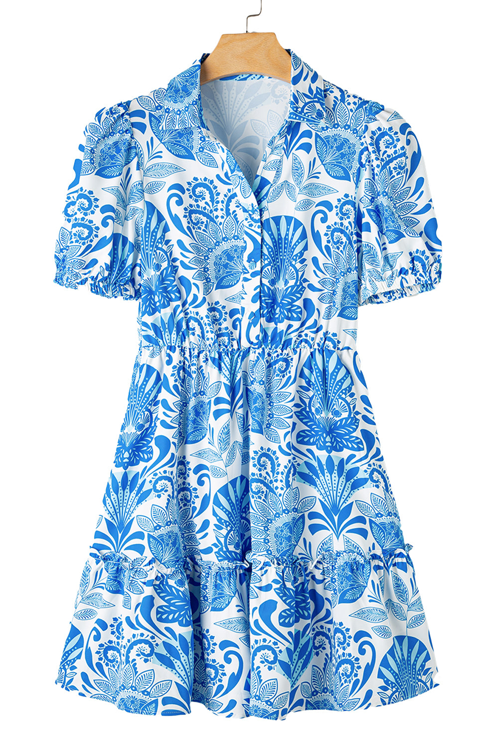 Blue Zone Planet | Sky Blue Retro Floral Print Drawstring Waist Ruffled Mini Dress-TOPS / DRESSES-[Adult]-[Female]-2022 Online Blue Zone Planet