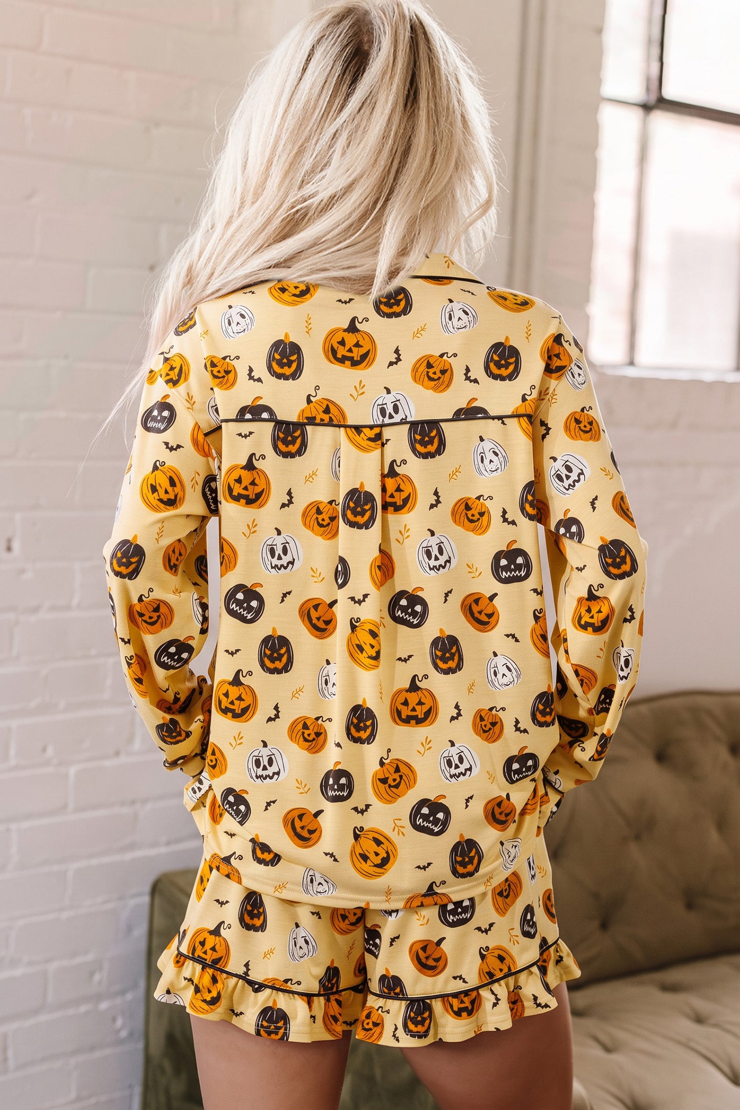 Orange Long Sleeve Ruffle Pumpkin Face Print Two Piece Lounge Set-Loungewear & Sleepwear/Loungewear-[Adult]-[Female]-2022 Online Blue Zone Planet