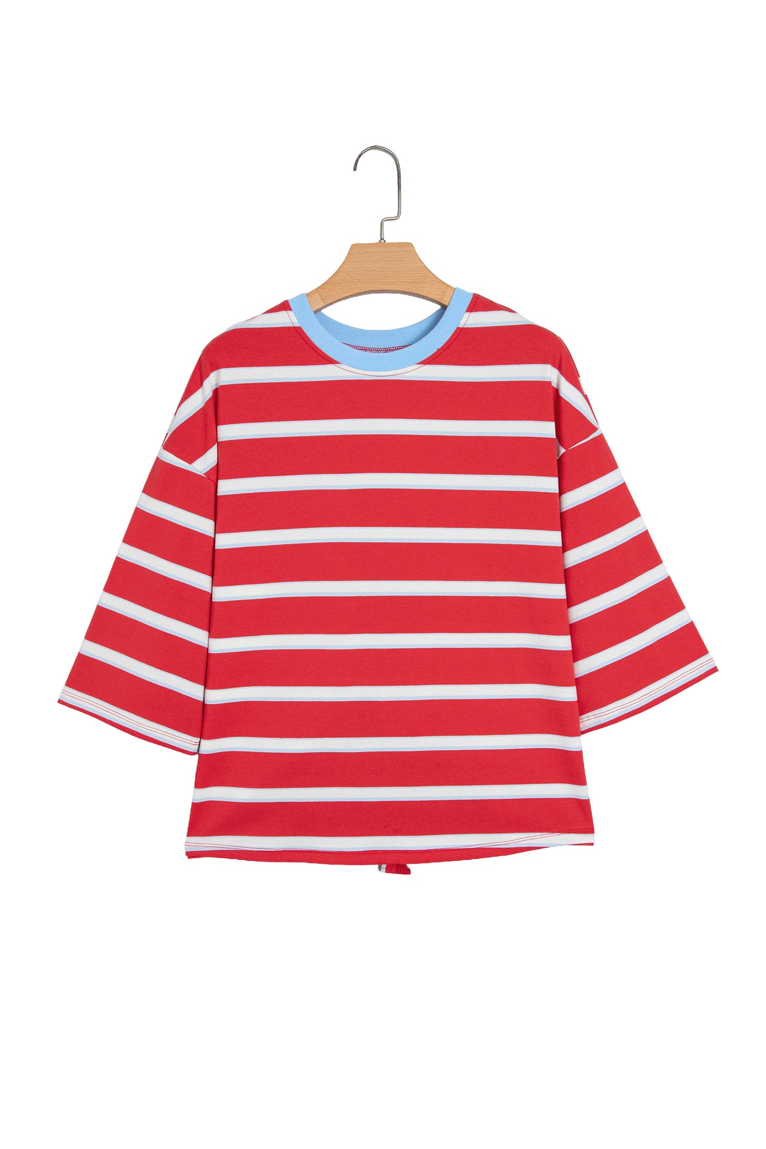 Racing Red Striped Bow Tie Hollowed Back 7/8 Sleeve Casual T-Shirt-Tops/Long Sleeve Tops-[Adult]-[Female]-2022 Online Blue Zone Planet