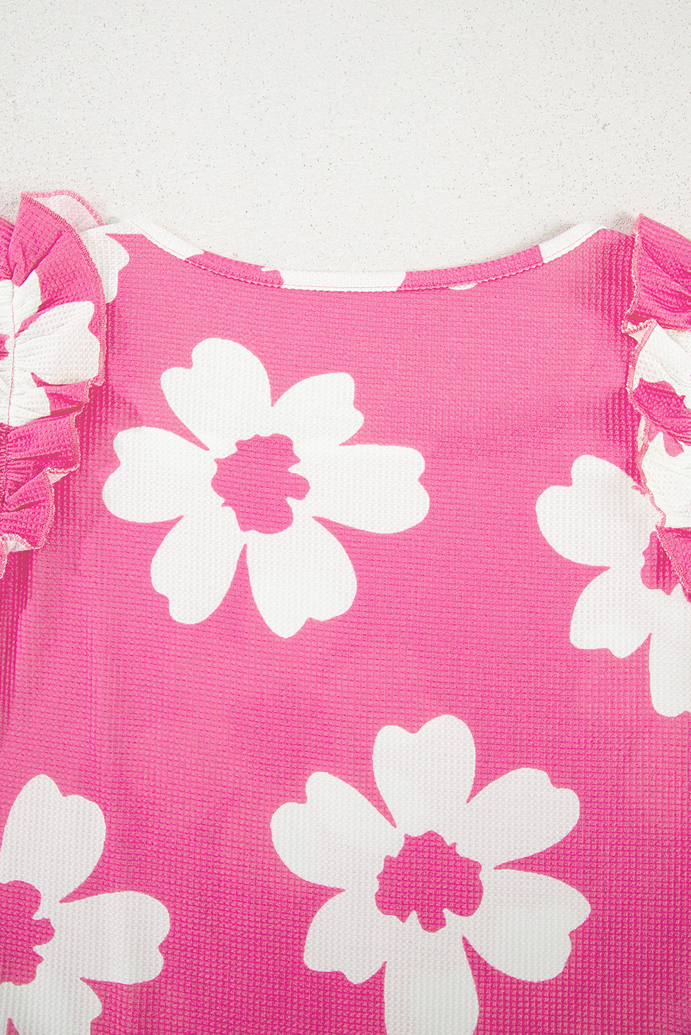 Pink Floral Textured Ruffled Short Sleeve Square Neck Blouse-Tops/Blouses & Shirts-[Adult]-[Female]-2022 Online Blue Zone Planet