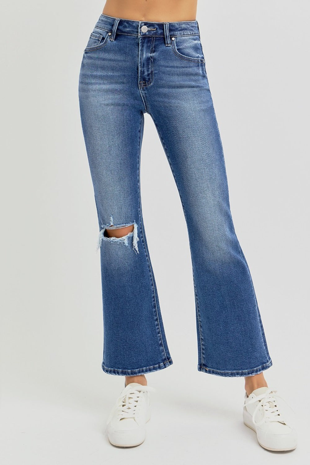 RISEN Full Size Distressed High Rise Crop Flare Jeans-BOTTOMS SIZES SMALL MEDIUM LARGE-[Adult]-[Female]-2022 Online Blue Zone Planet