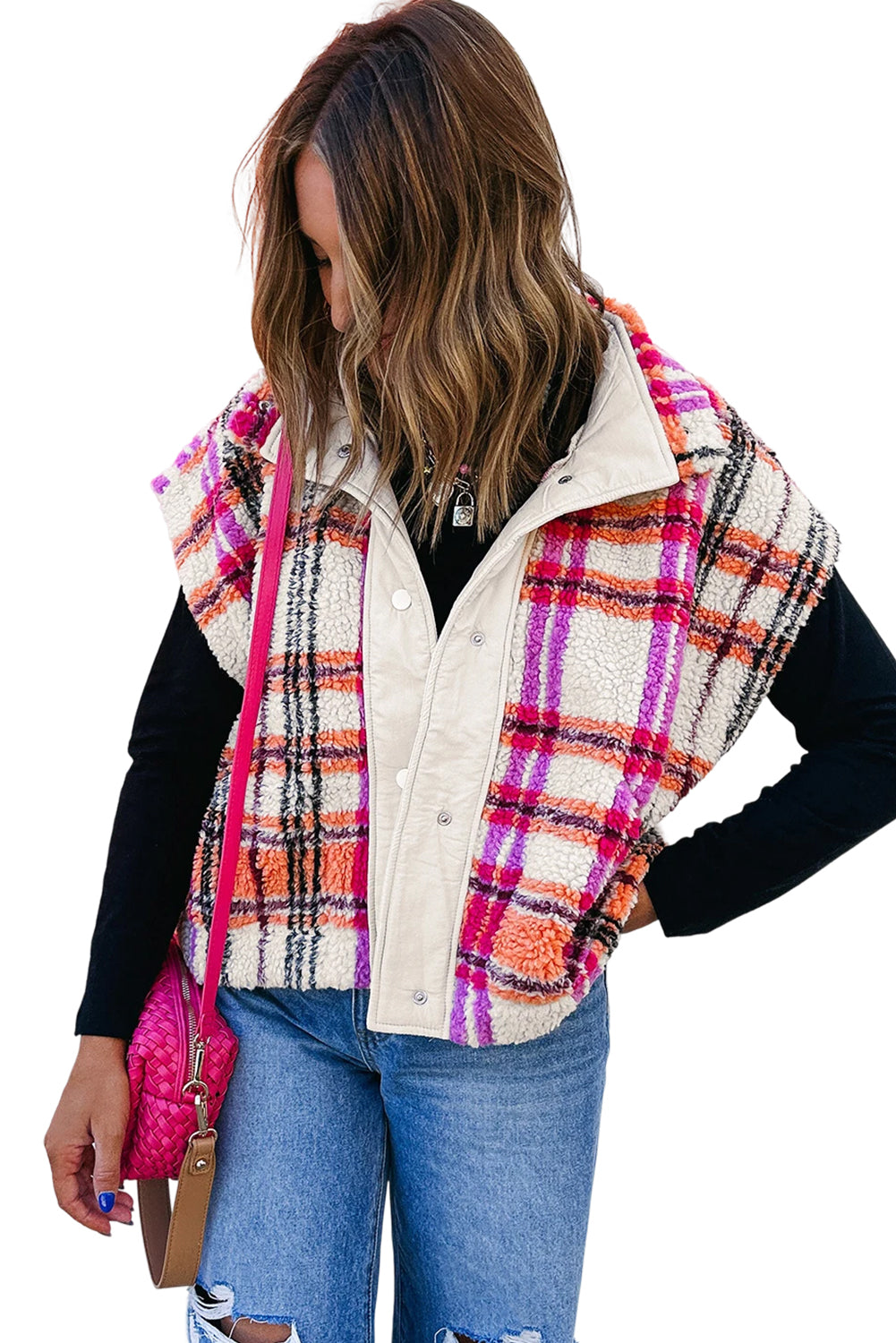Rose Sherpa Plaid Jacket Vest-Outerwear/Vests-[Adult]-[Female]-2022 Online Blue Zone Planet