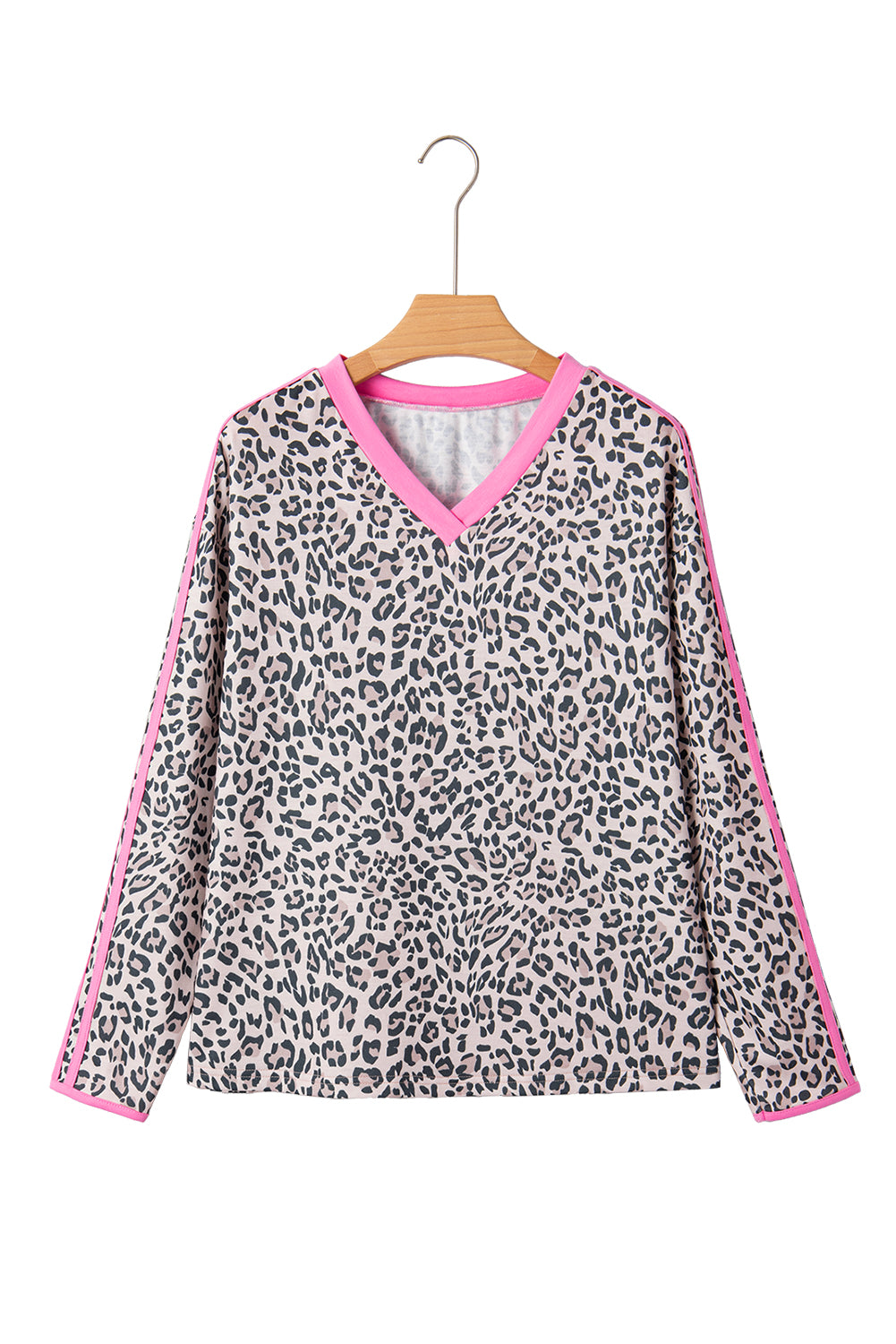 Khaki Leopard Print Contrast V Neck Varsity Stripe Detail Long Sleeve Top-Tops/Long Sleeve Tops-[Adult]-[Female]-2022 Online Blue Zone Planet