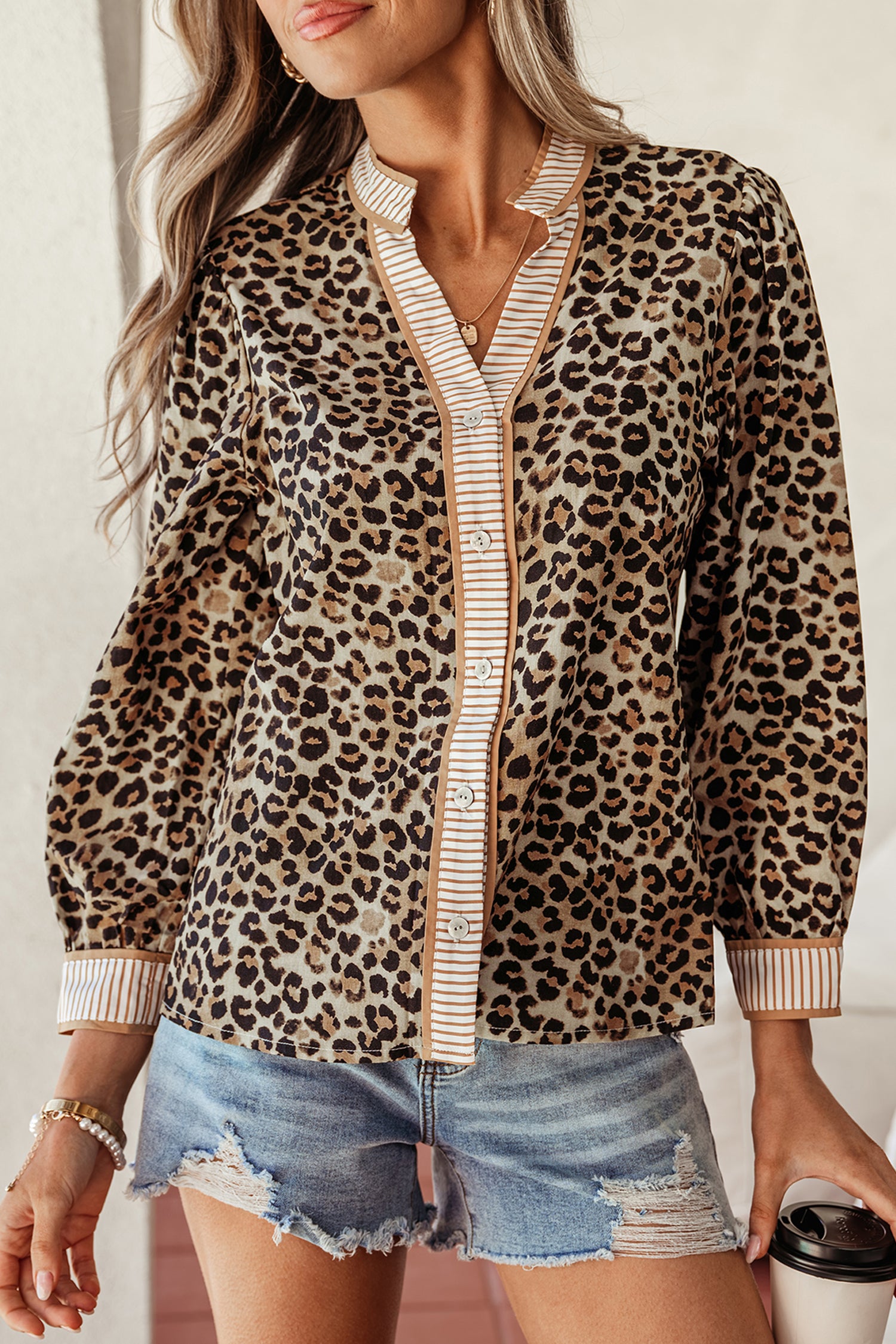 Khaki Contrast Striped Trim V Neck Leopard Shirt-Tops/Blouses & Shirts-[Adult]-[Female]-2022 Online Blue Zone Planet