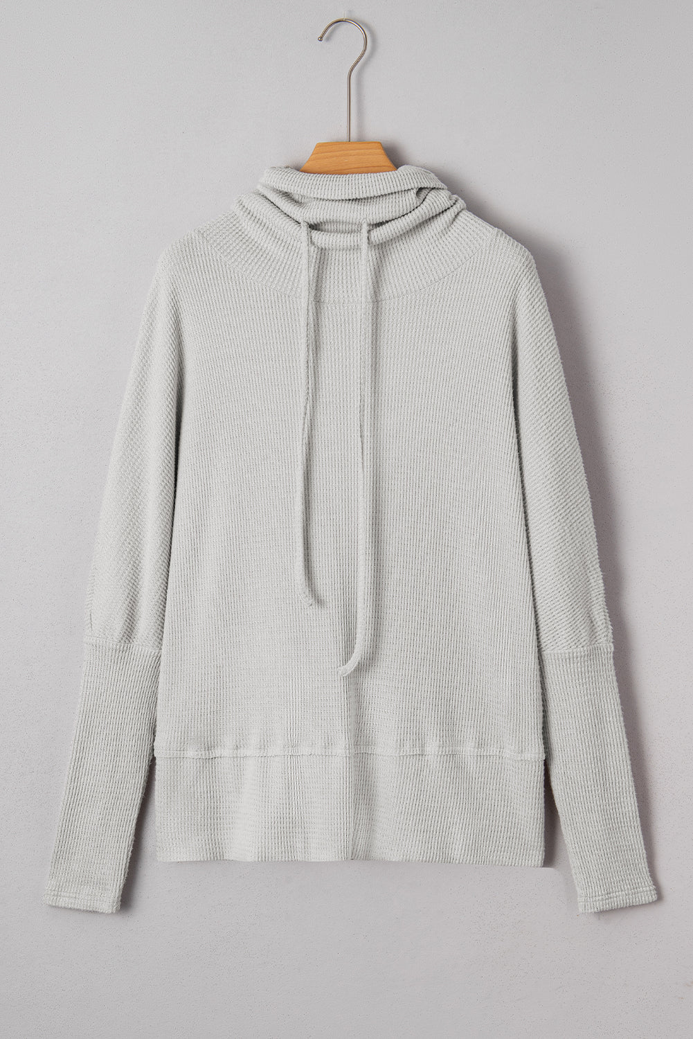 Light Grey Textured Knit Drawstring Cowl Neck Oversize Top With Side Slits-Tops/Long Sleeve Tops-[Adult]-[Female]-2022 Online Blue Zone Planet