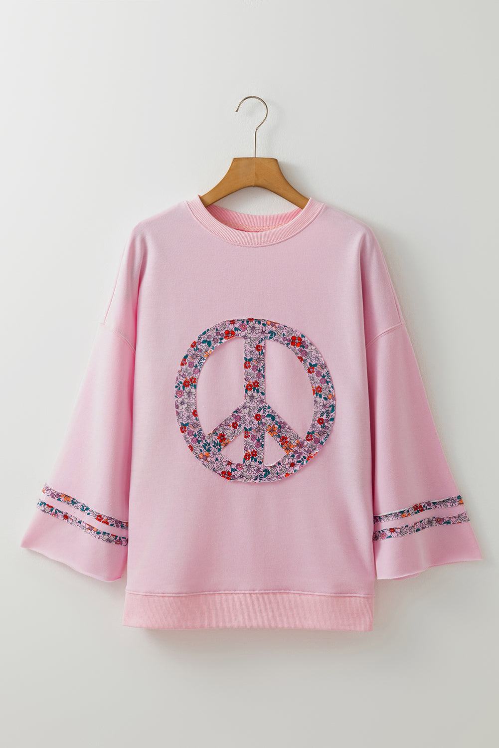 Light Pink Floral Peace Sign Drop Shoulder Top-Long Sleeve Tops-[Adult]-[Female]-2022 Online Blue Zone Planet