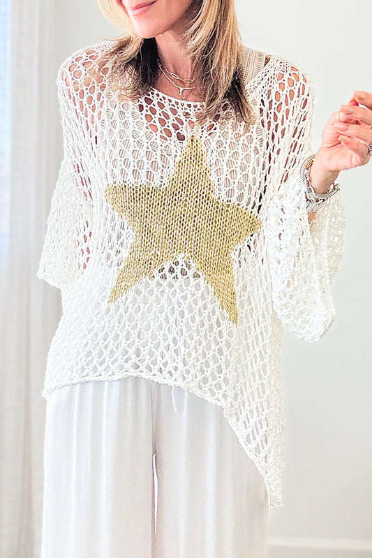 White Star Graphic Crochet Knitted Summer Sweater Top-Tops/Tops & Tees-[Adult]-[Female]-White-S-2022 Online Blue Zone Planet