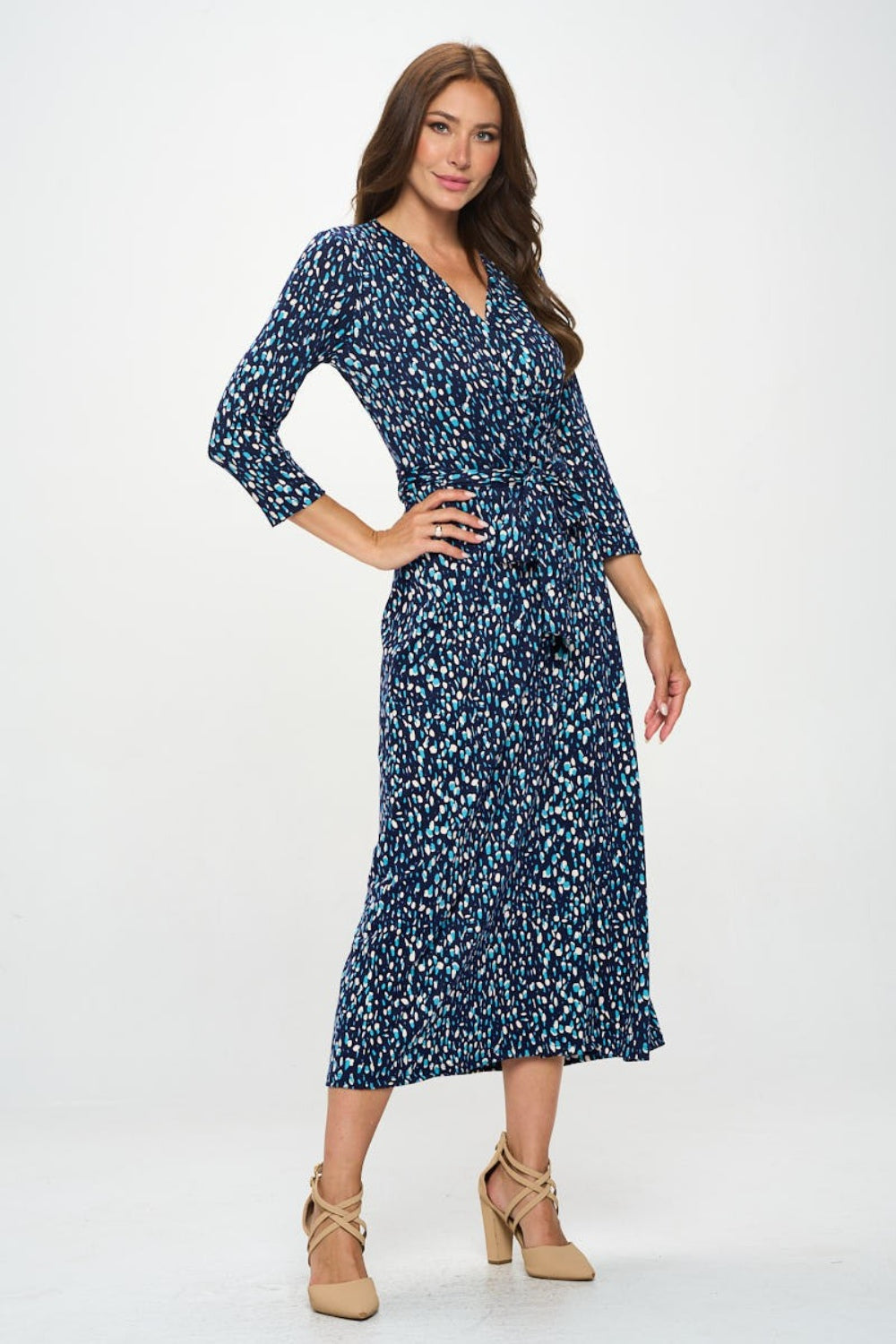 RENEE C Printed Tie Front Surplice Midi Dress-TOPS / DRESSES-[Adult]-[Female]-2022 Online Blue Zone Planet