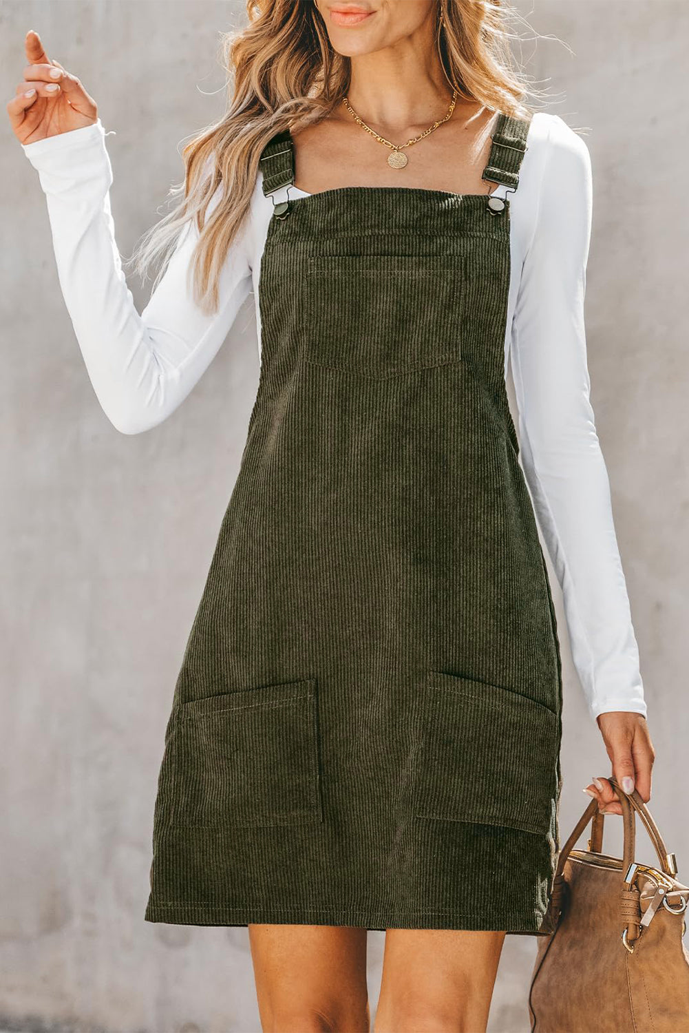 Blue Zone Planet | Vineyard Green Solid Front Pockets Sleeveless Corduroy Overall Dress-TOPS / DRESSES-[Adult]-[Female]-2022 Online Blue Zone Planet