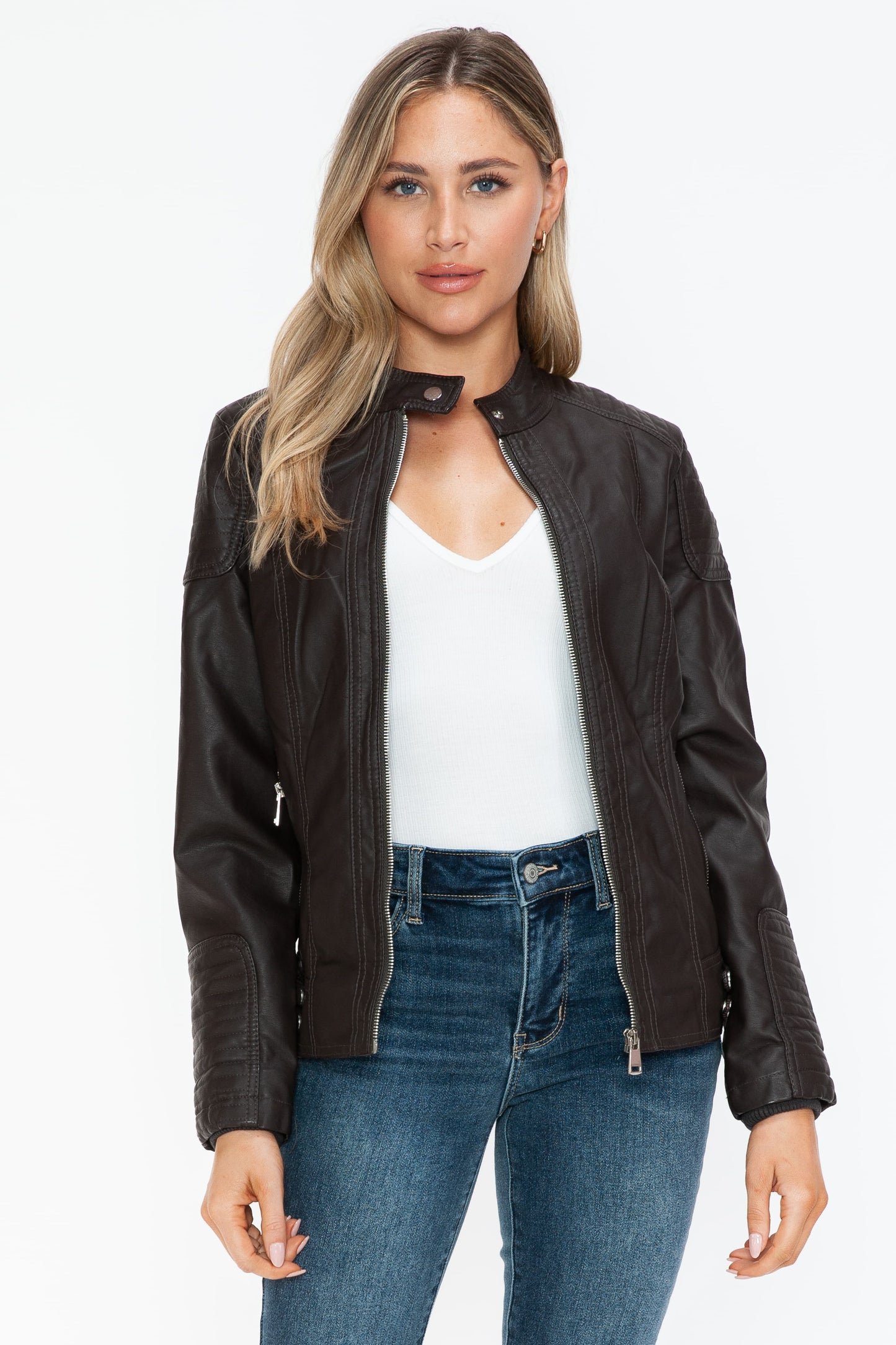 Blue Zone Planet | Snobbish Faux Leather Biker Jacket with Side Zip Pockets-TOPS / DRESSES-[Adult]-[Female]-Chocolate-S-2022 Online Blue Zone Planet