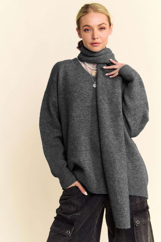 Davi & Dani V-Neck Dropped Shoulder Sweater with Scarf Set-TOPS / DRESSES-[Adult]-[Female]-Dark Gray-S-2022 Online Blue Zone Planet