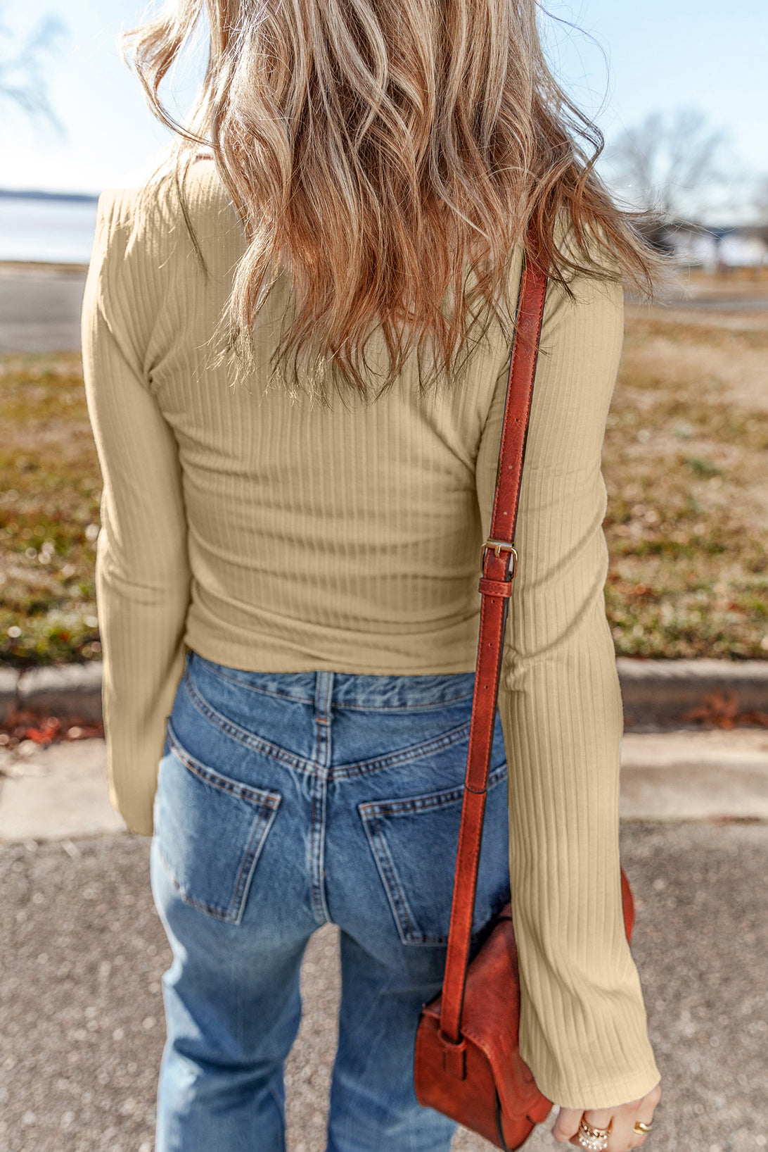 Beige Ribbed Buttoned Collar Long Sleeve Slim Fit Top-Tops/Long Sleeve Tops-[Adult]-[Female]-2022 Online Blue Zone Planet