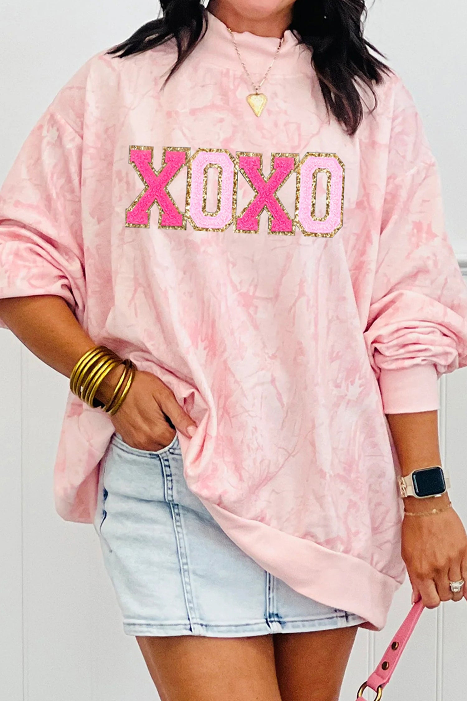Pink XOXO Glitter Trim Chenille Patched Graphic Mock Neck Tie Dye Sweatshirt-Graphic Sweatshirts-[Adult]-[Female]-Pink-L-2022 Online Blue Zone Planet