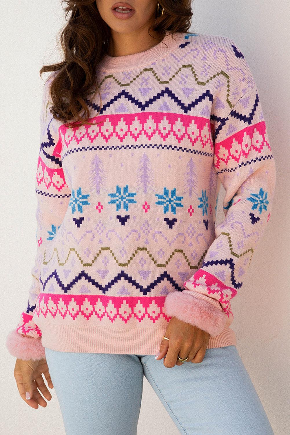 Multicolour Ethnic Christmas Pattern Knit Feather Cuffed Sweater-TOPS / DRESSES-[Adult]-[Female]-2022 Online Blue Zone Planet