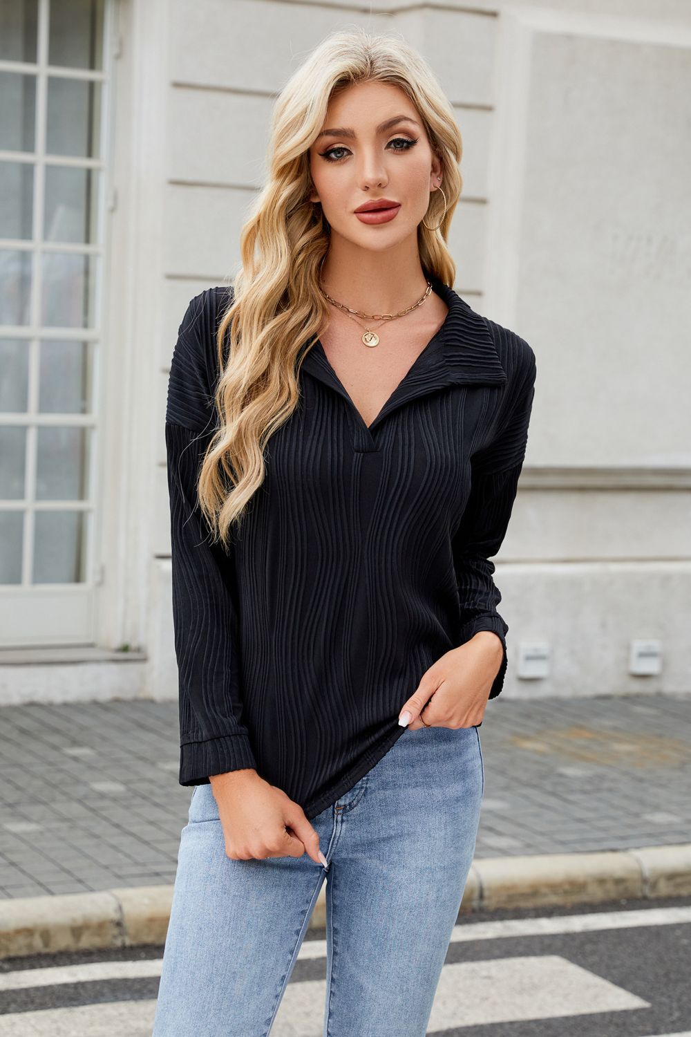 Texture Collared Neck Long Sleeve Blouse-TOPS / DRESSES-[Adult]-[Female]-Black-S-2022 Online Blue Zone Planet